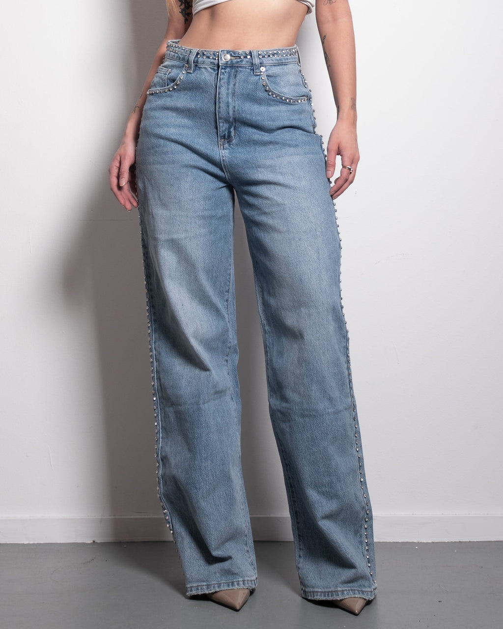 SIDE EMBELLISHED LIGHT WASH WIDE LEG JEANS - INSEAM 82CM - NON STRETCH | SEISHIKI STUDIO