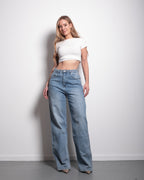 SIDE EMBELLISHED LIGHT WASH WIDE LEG JEANS - INSEAM 82CM - NON STRETCH