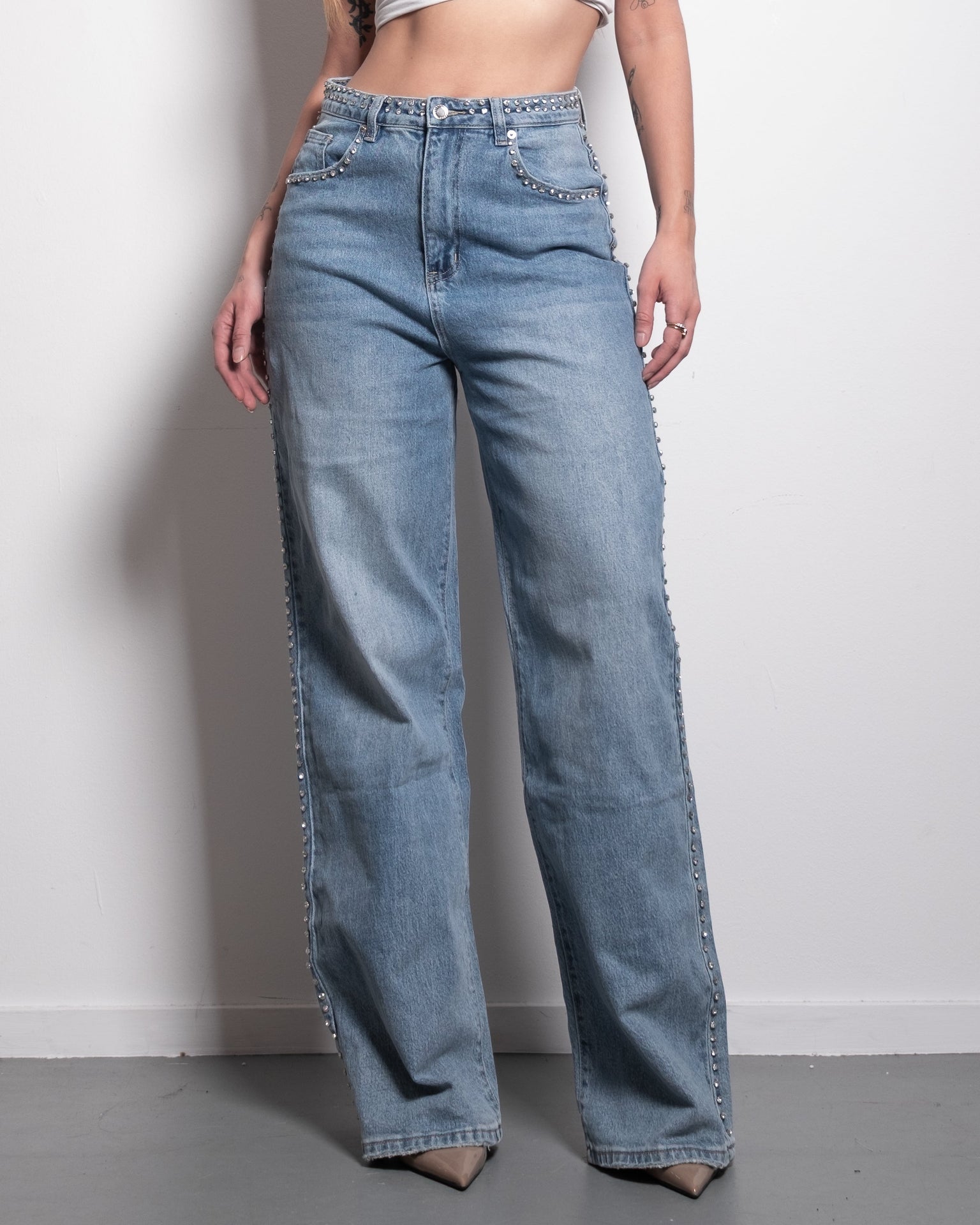SIDE EMBELLISHED LIGHT WASH WIDE LEG JEANS - INSEAM 82CM - NON STRETCH | SEISHIKI STUDIO