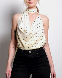 draped high neck polkadot top butter yellow