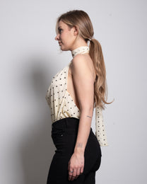 draped high neck polkadot top butter yellow