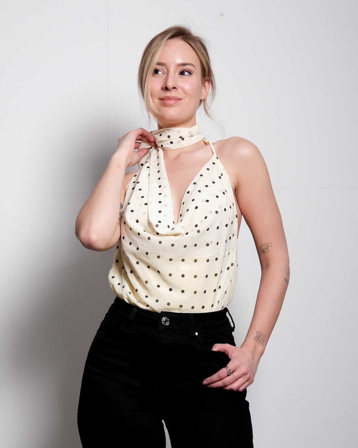 draped high neck polkadot top butter yellow