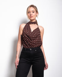 draped high neck polkadot top brown