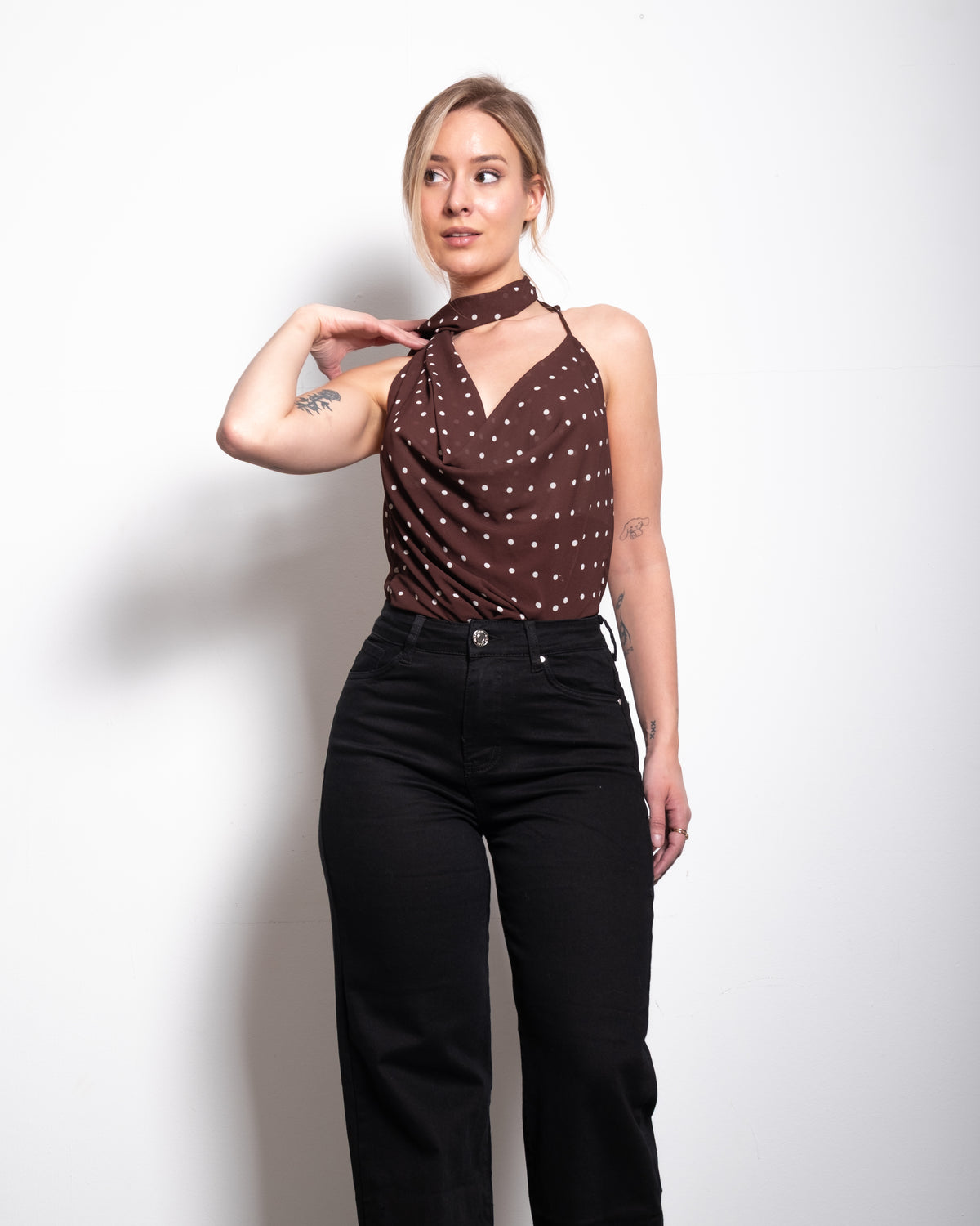 draped high neck polkadot top brown