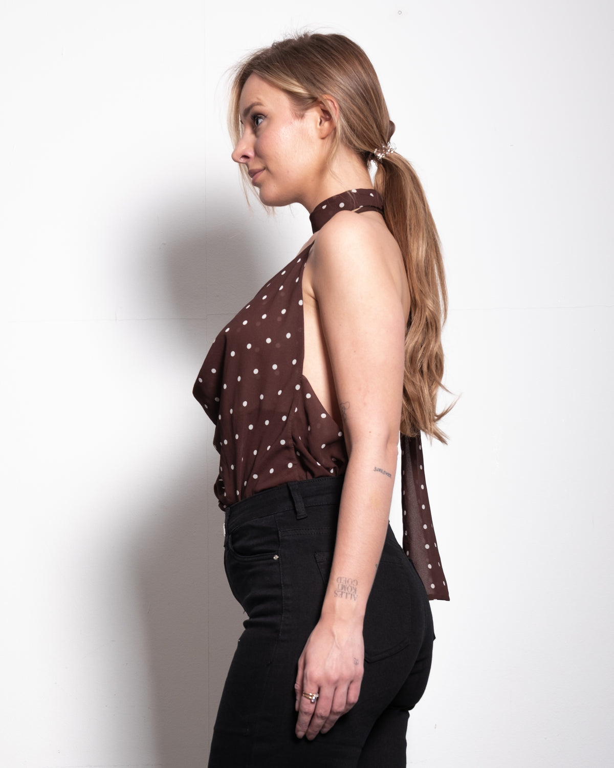 draped high neck polkadot top brown