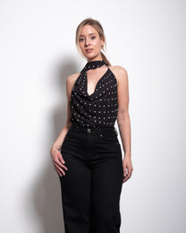 draped high neck polkadot top black | SEISHIKI STUDIO