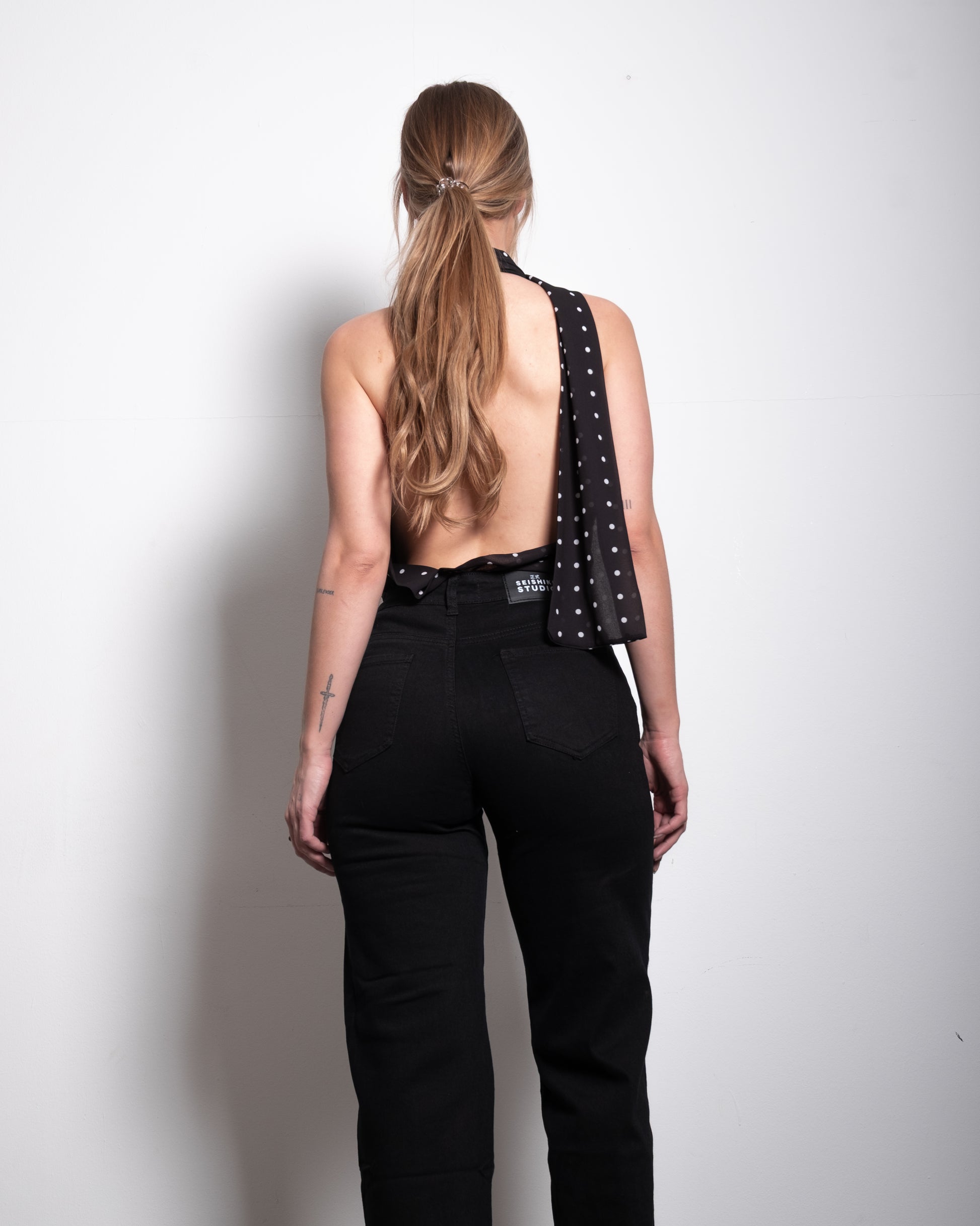 draped high neck polkadot top black | SEISHIKI STUDIO