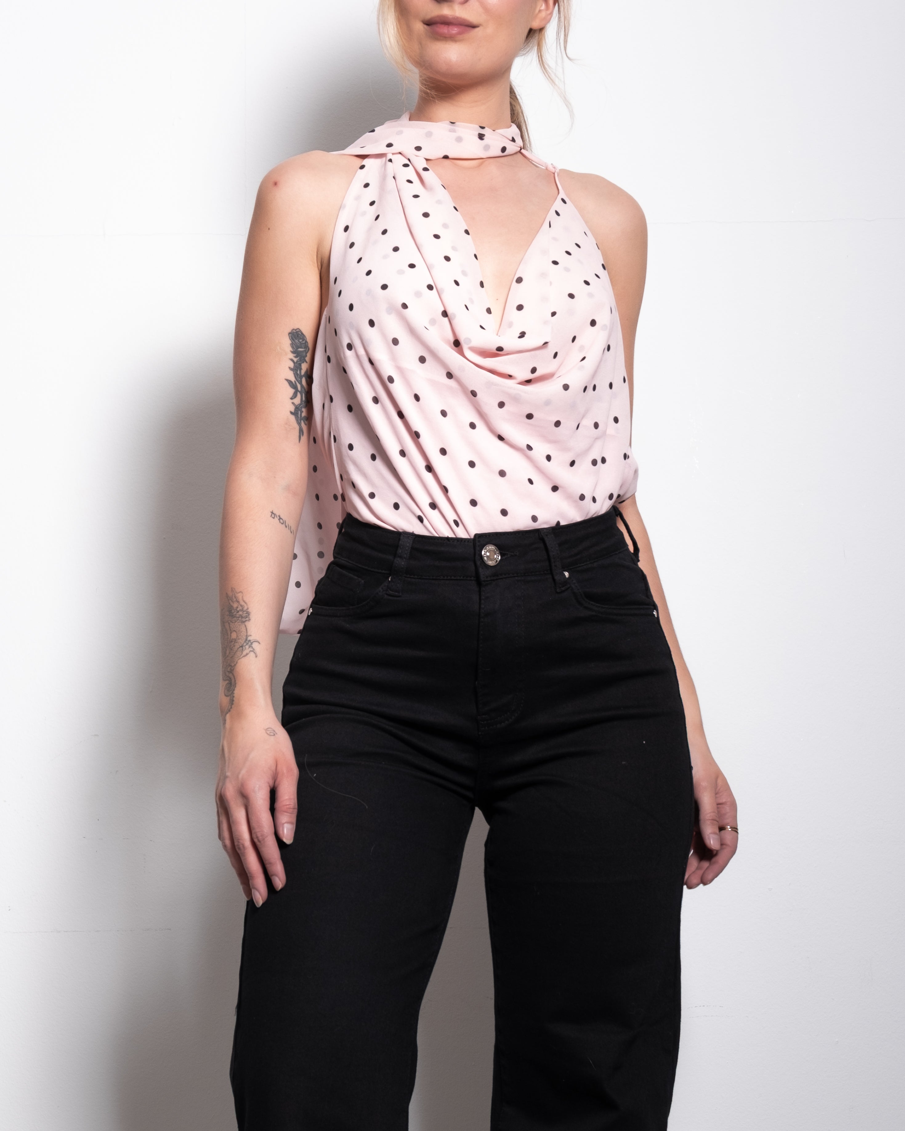 draped high neck polkadot top pink