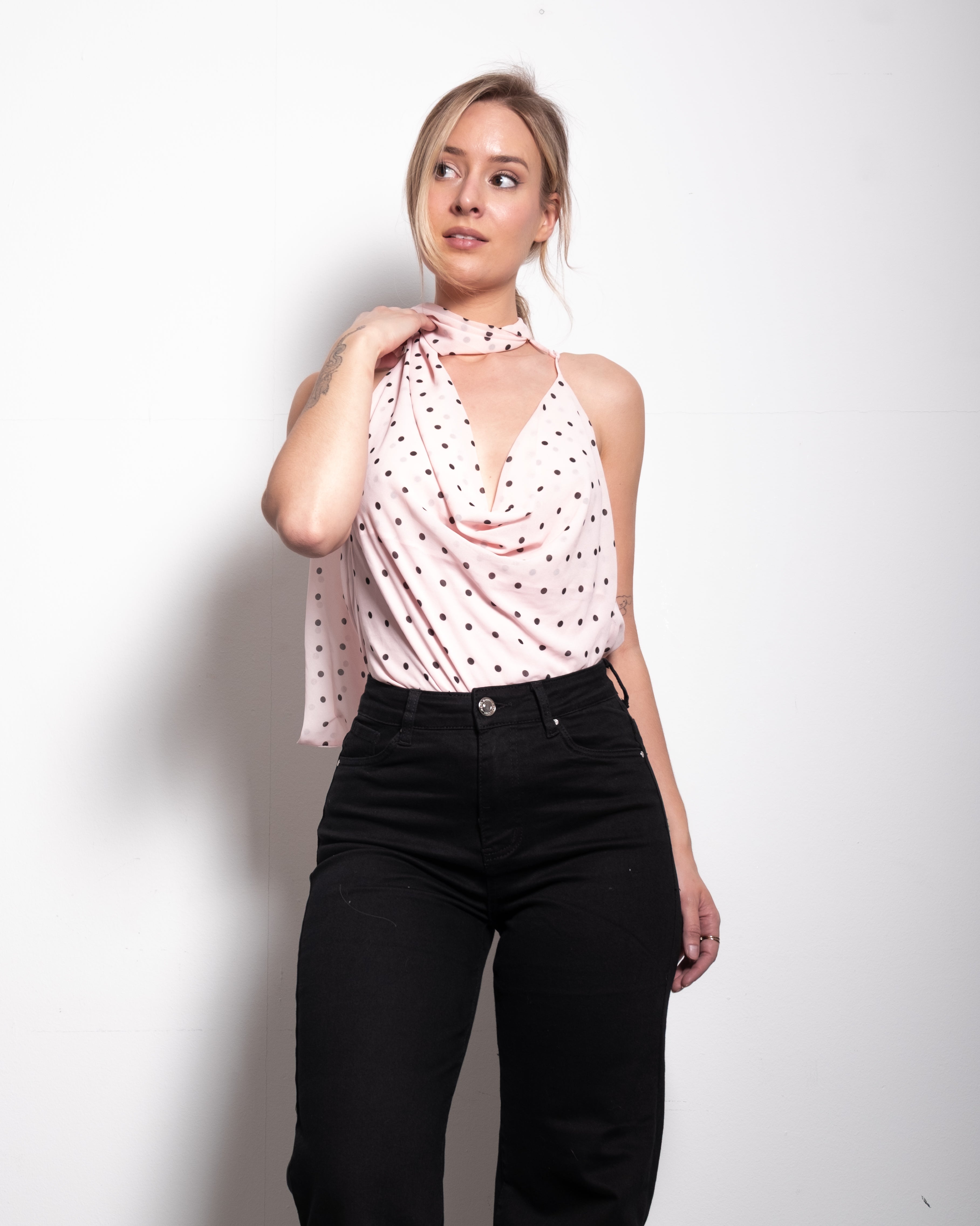 draped high neck polkadot top pink