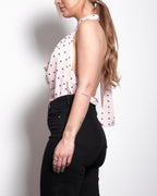 draped high neck polkadot top pink