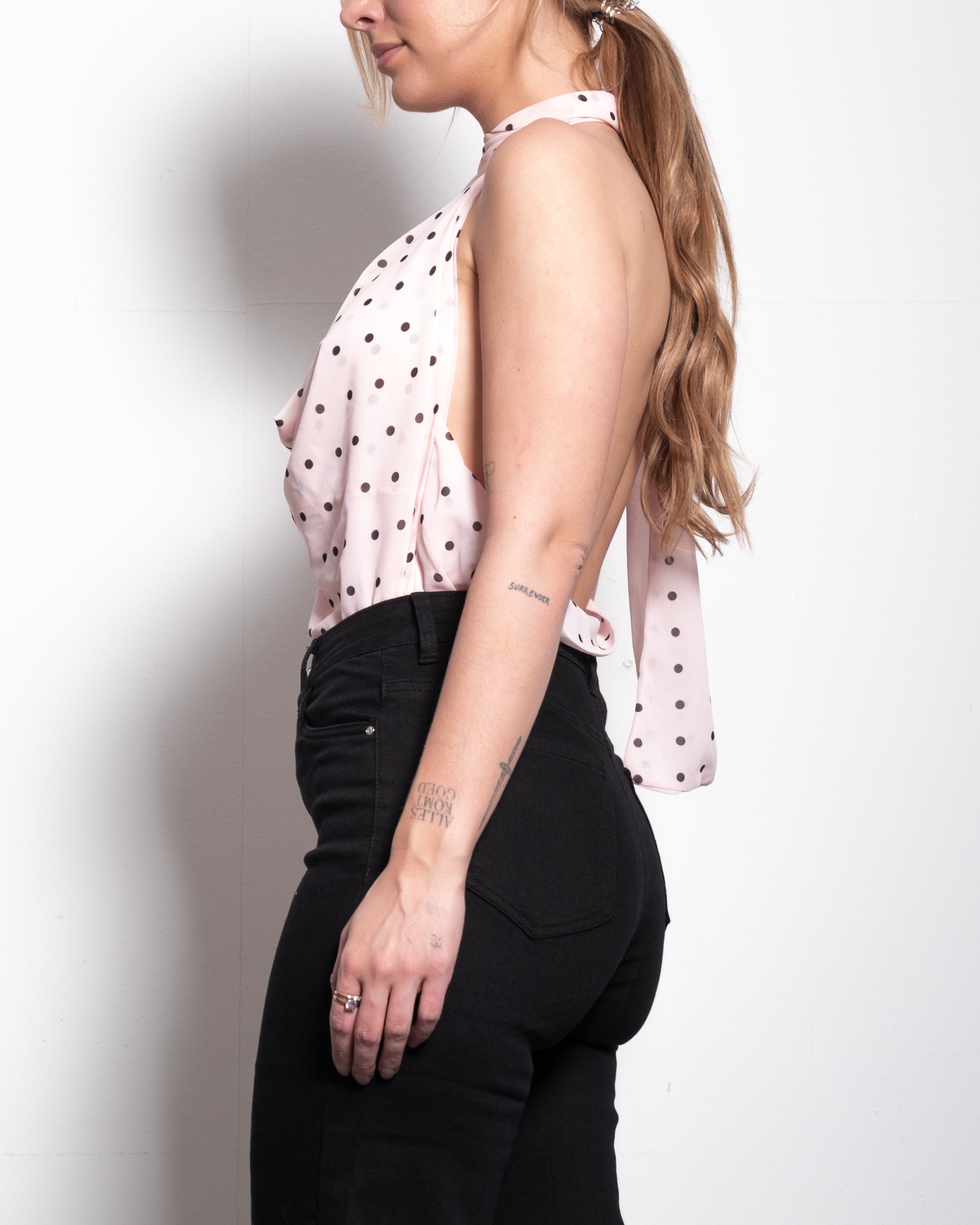 draped high neck polkadot top pink