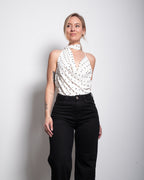 draped high neck polkadot top white