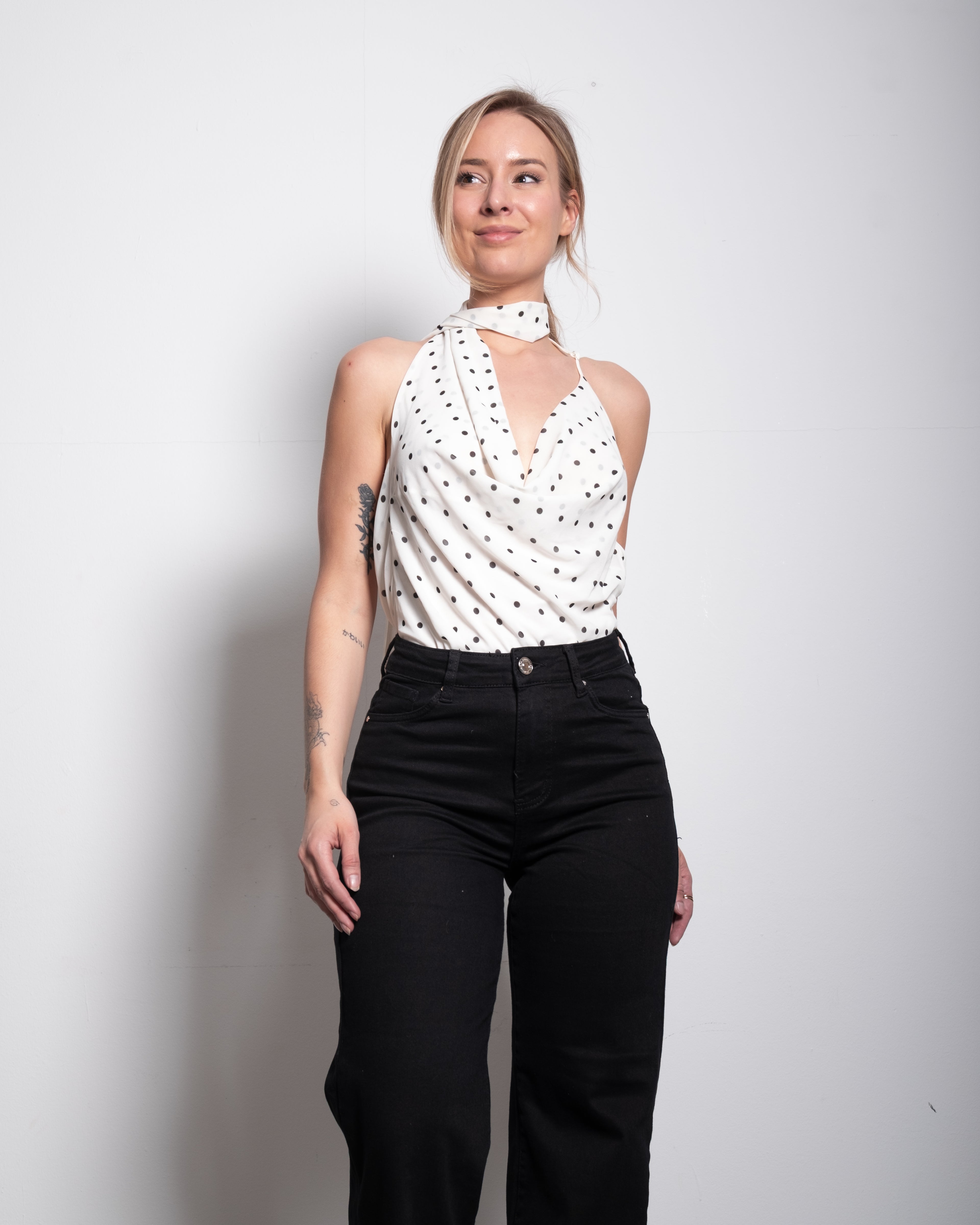 draped high neck polkadot top white