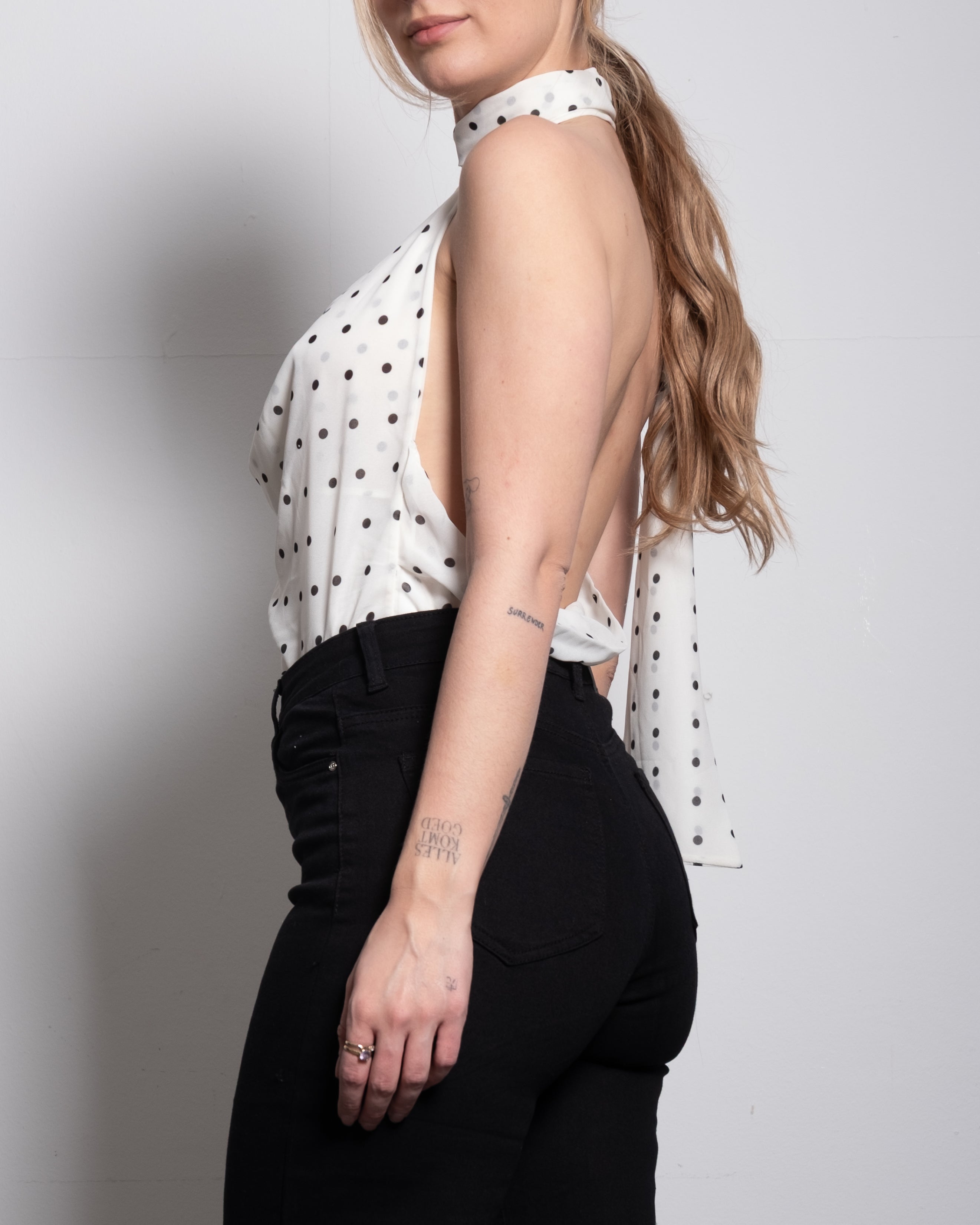 draped high neck polkadot top white
