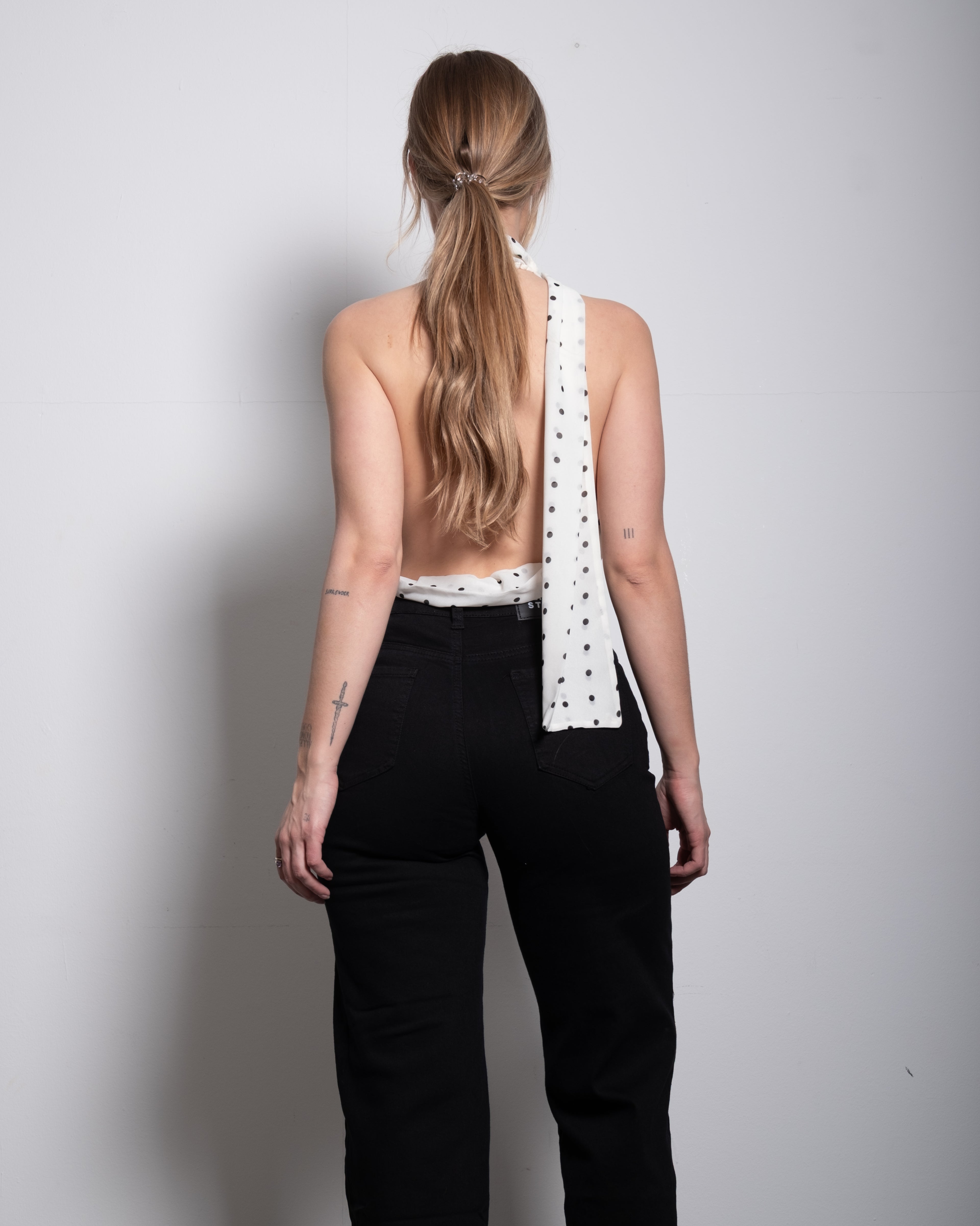 draped high neck polkadot top white