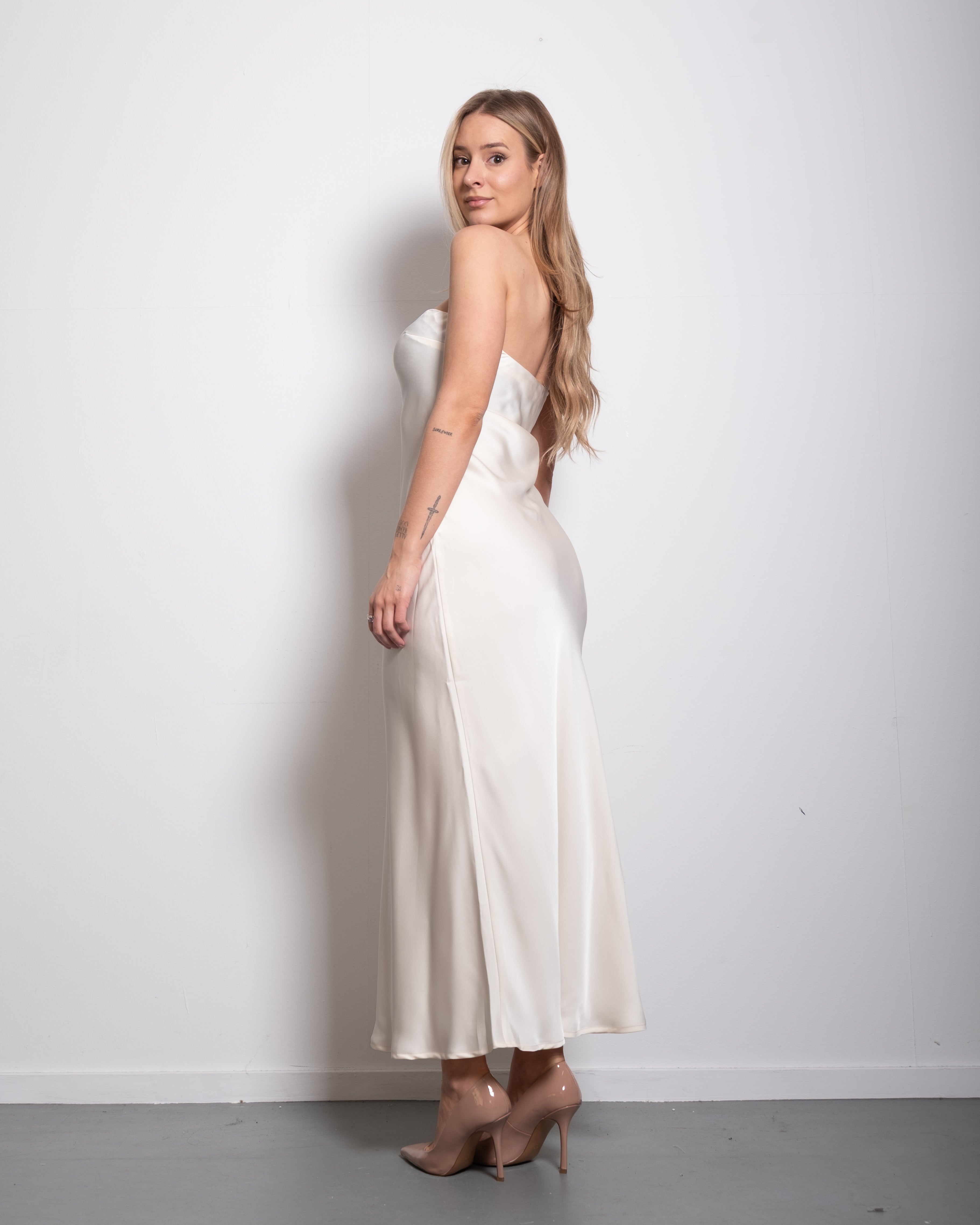 strapless silky dress white