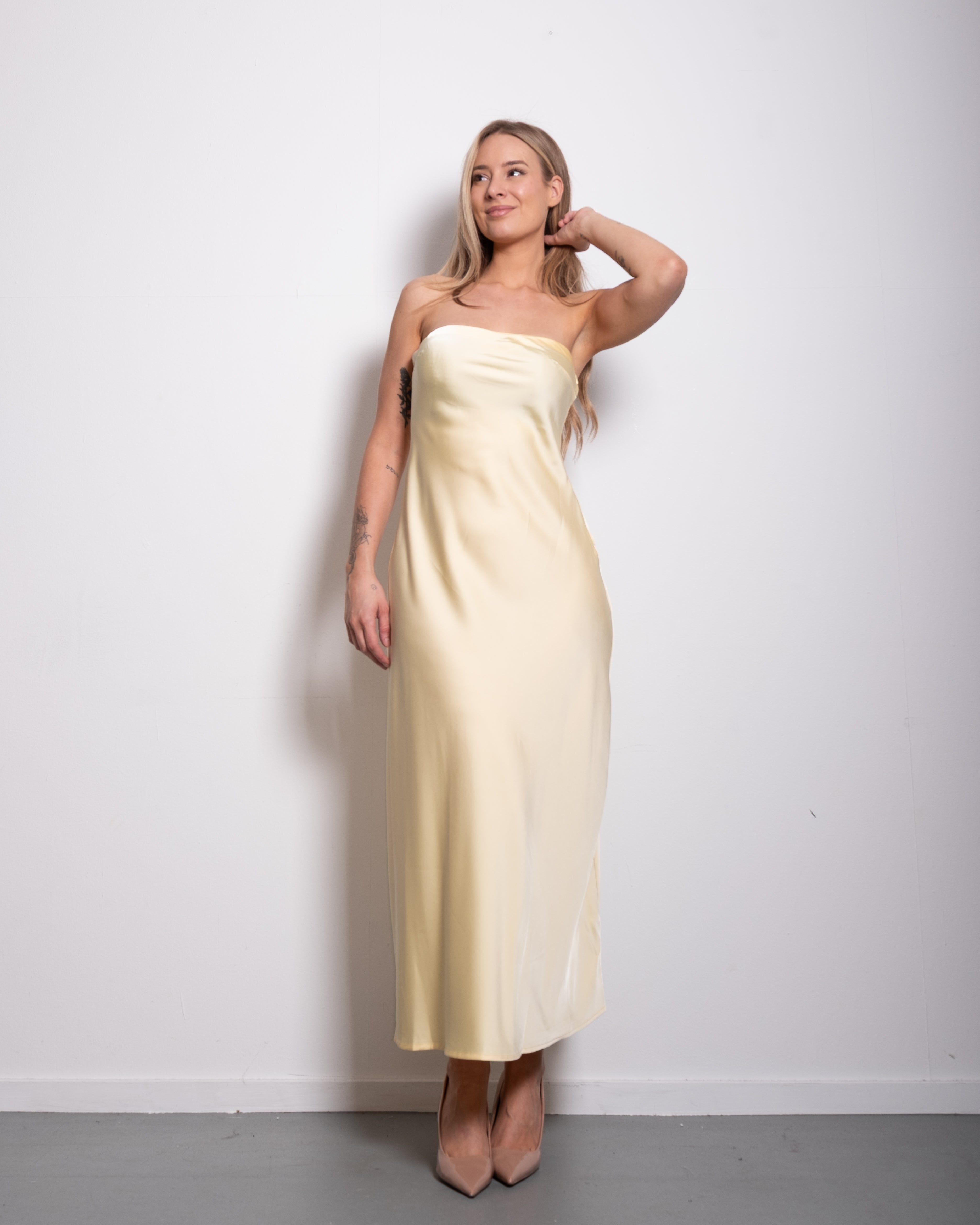 strapless silky dress yellow