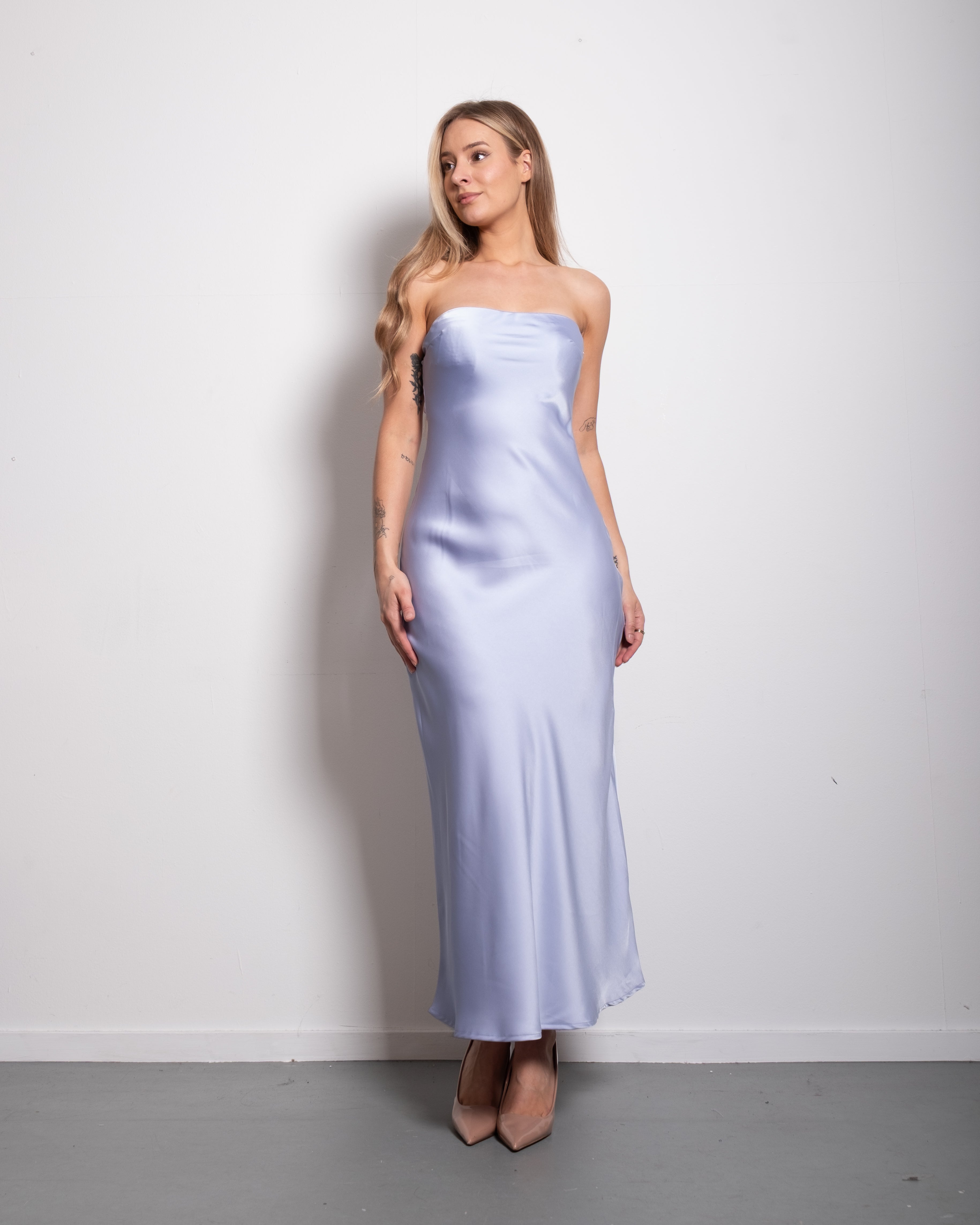 strapless silky dress lavender