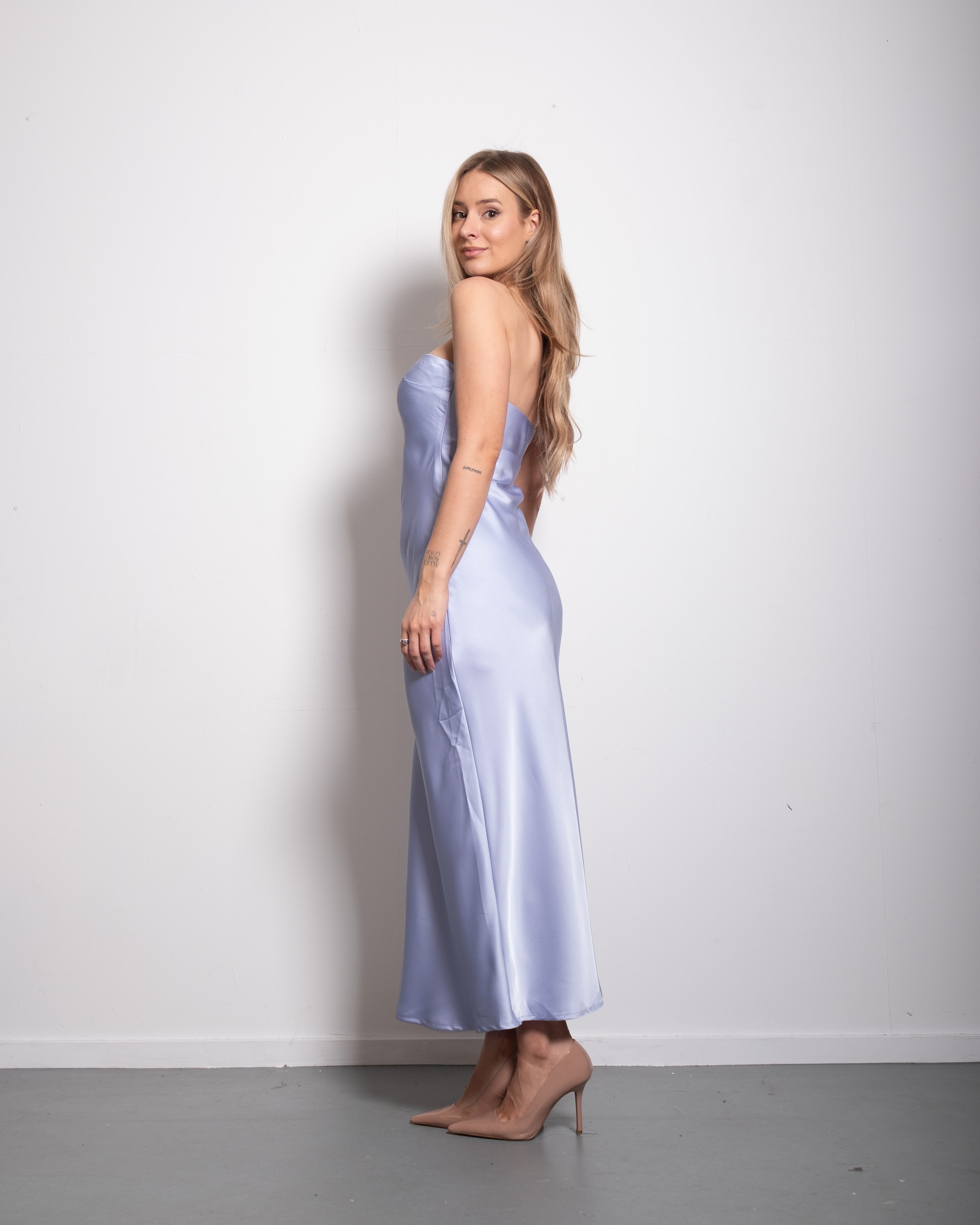 strapless silky dress lavender