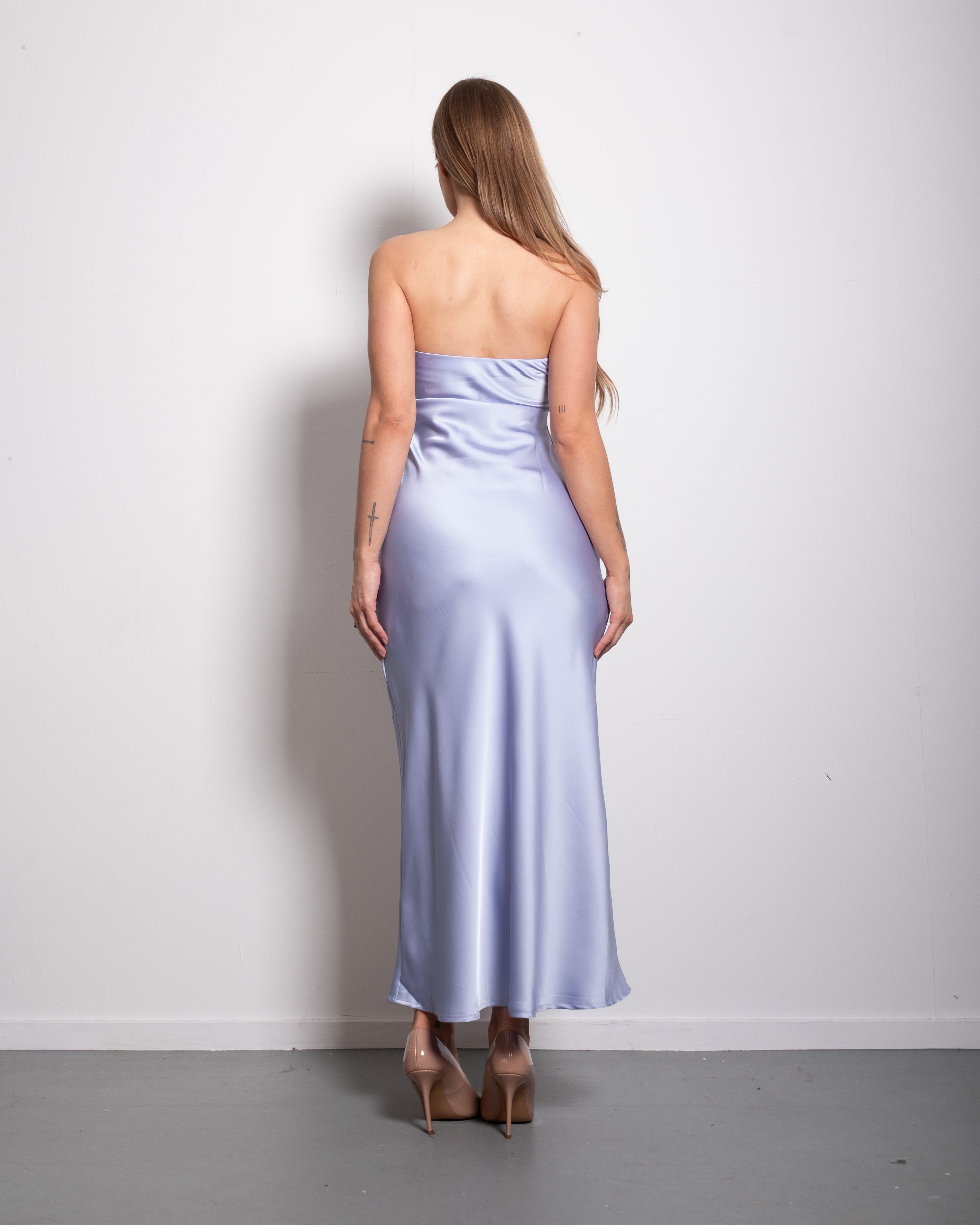 strapless silky dress lavender