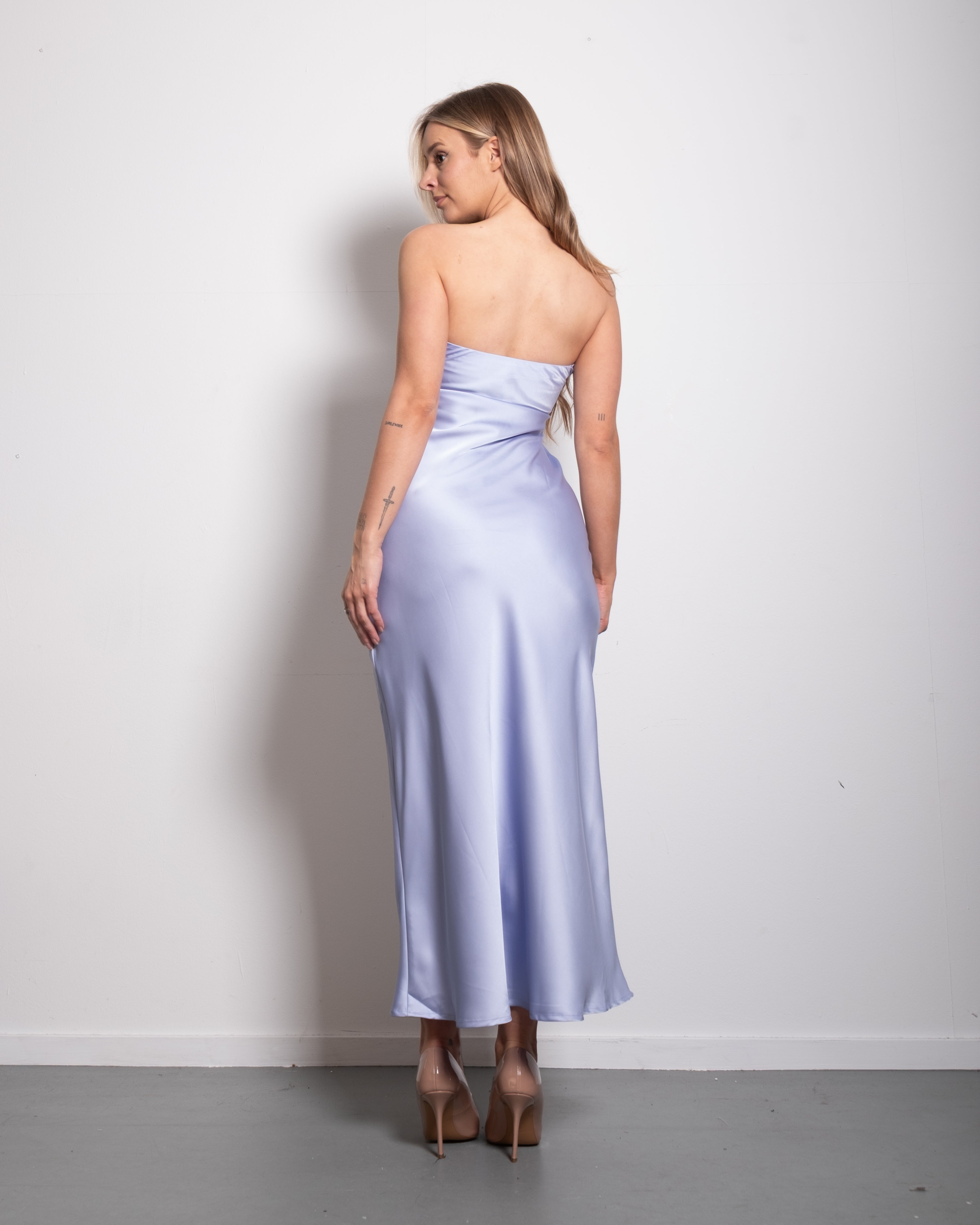 strapless silky dress lavender