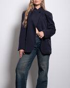 high neck button striped blazer blue