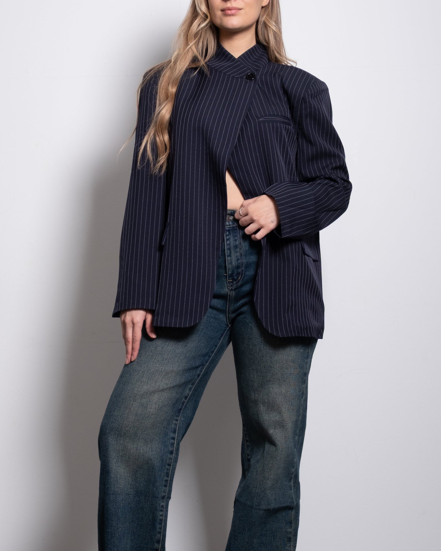high neck button striped blazer blue | SEISHIKI STUDIO