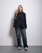 high neck button striped blazer blue