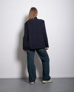high neck button striped blazer blue