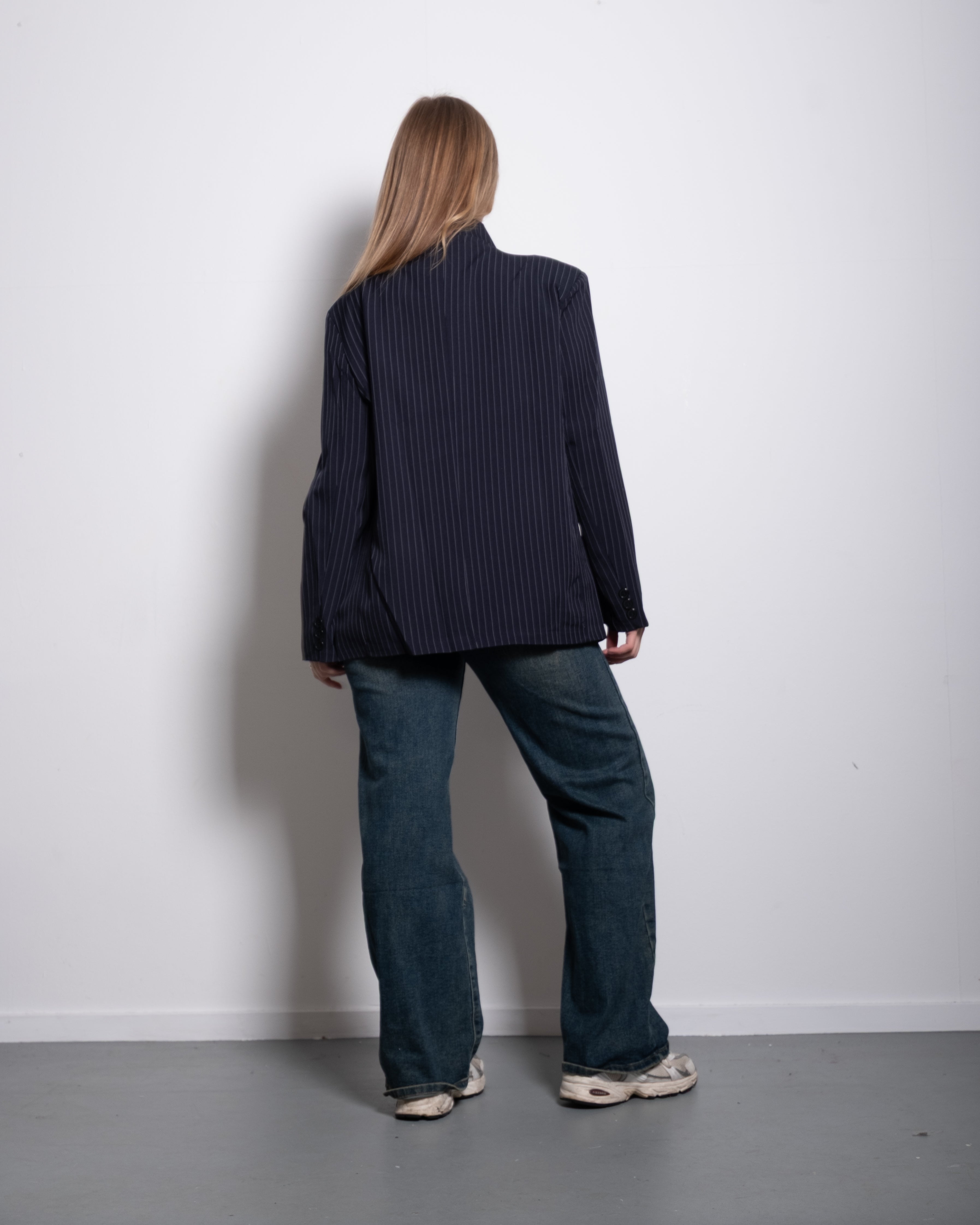 high neck button striped blazer blue