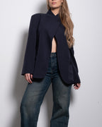 high neck button striped blazer blue