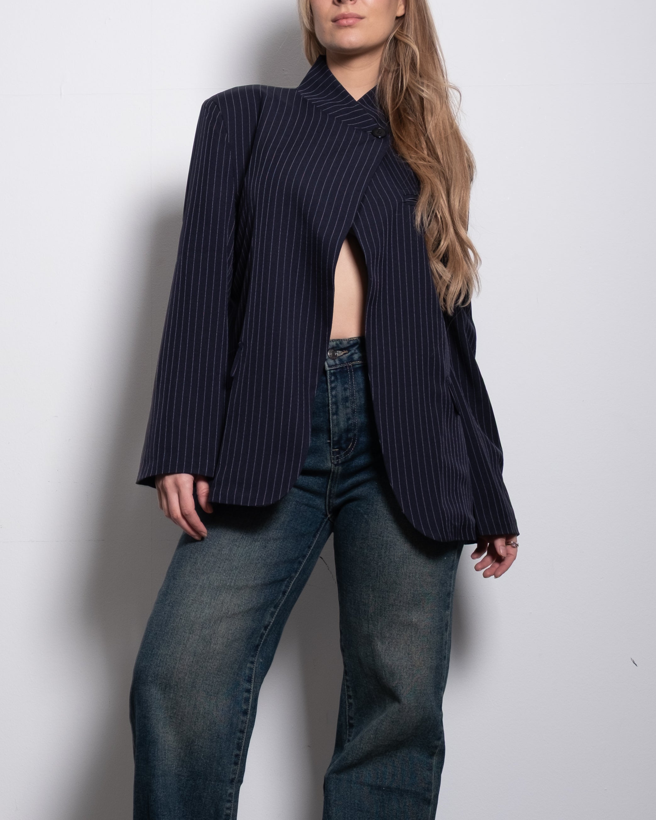 high neck button striped blazer blue