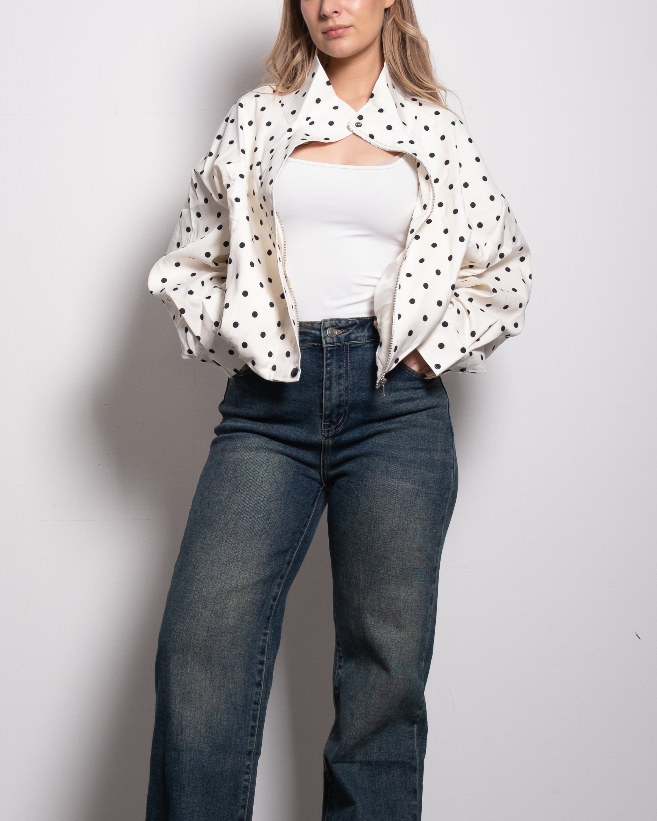 polkadot high neck windbreaker jacket white