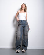 DIRTY WASH FOLDED TOP BARREL JEANS - INSEAM 80CM - LIGHT STRETCH