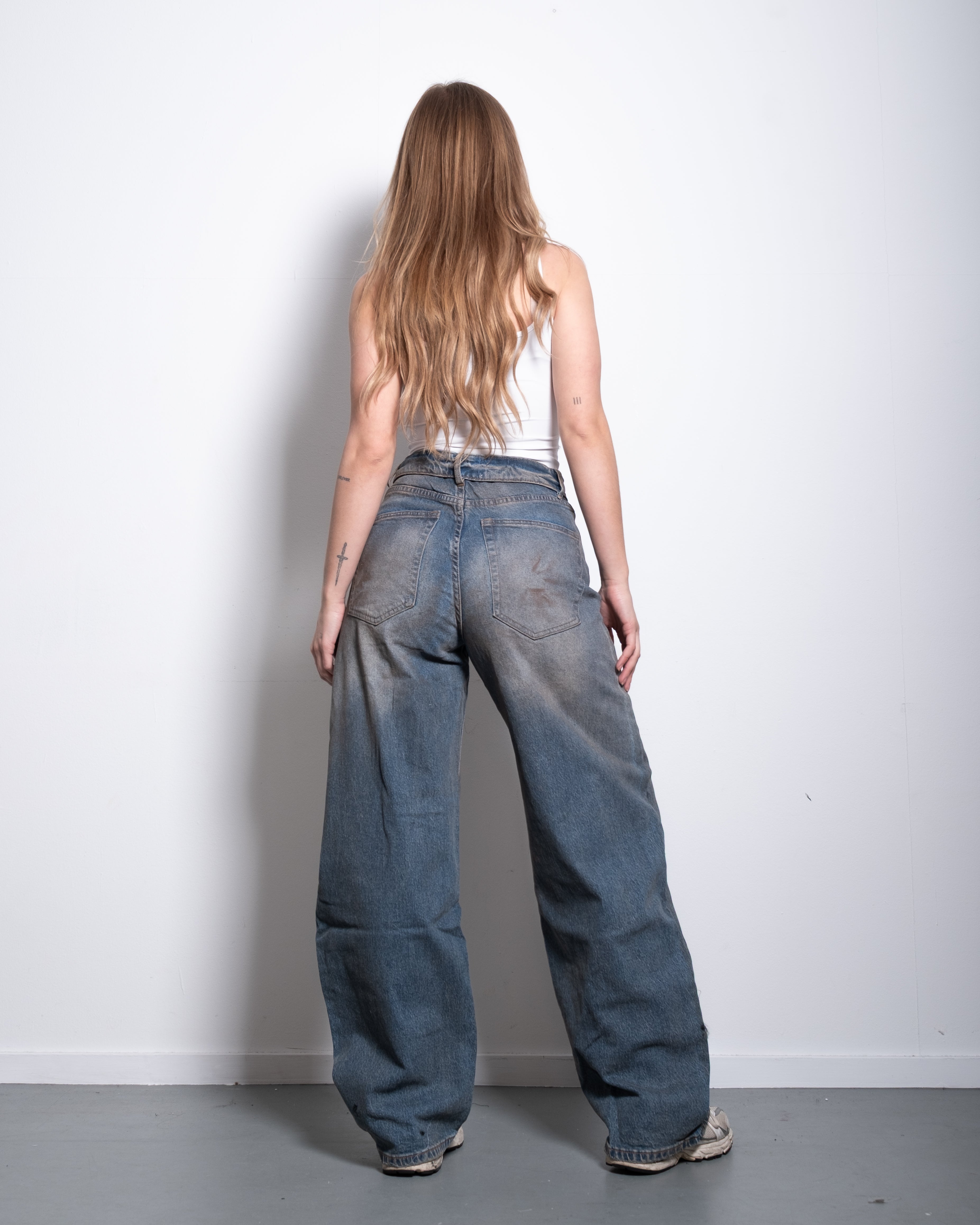 DIRTY WASH FOLDED TOP BARREL JEANS - INSEAM 80CM - LIGHT STRETCH