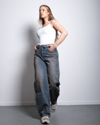 DIRTY WASH FOLDED TOP BARREL JEANS - INSEAM 80CM - LIGHT STRETCH