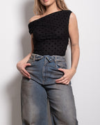 polkadot off shoulder top black
