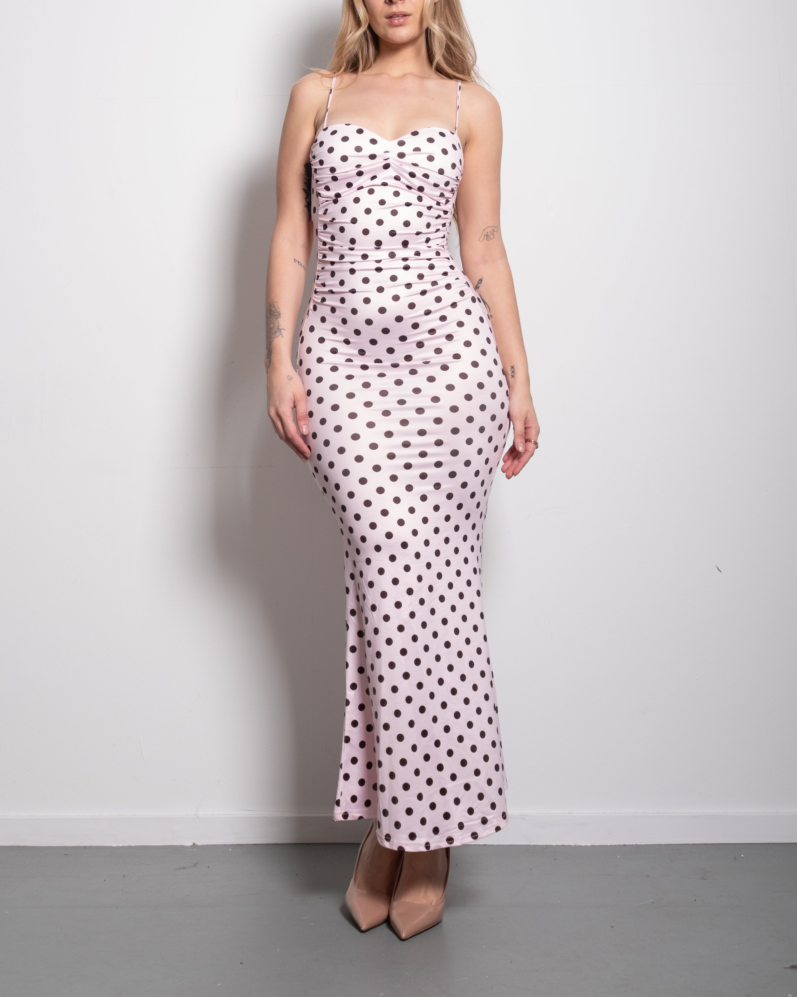 polkadot sculpt maxi dress pink