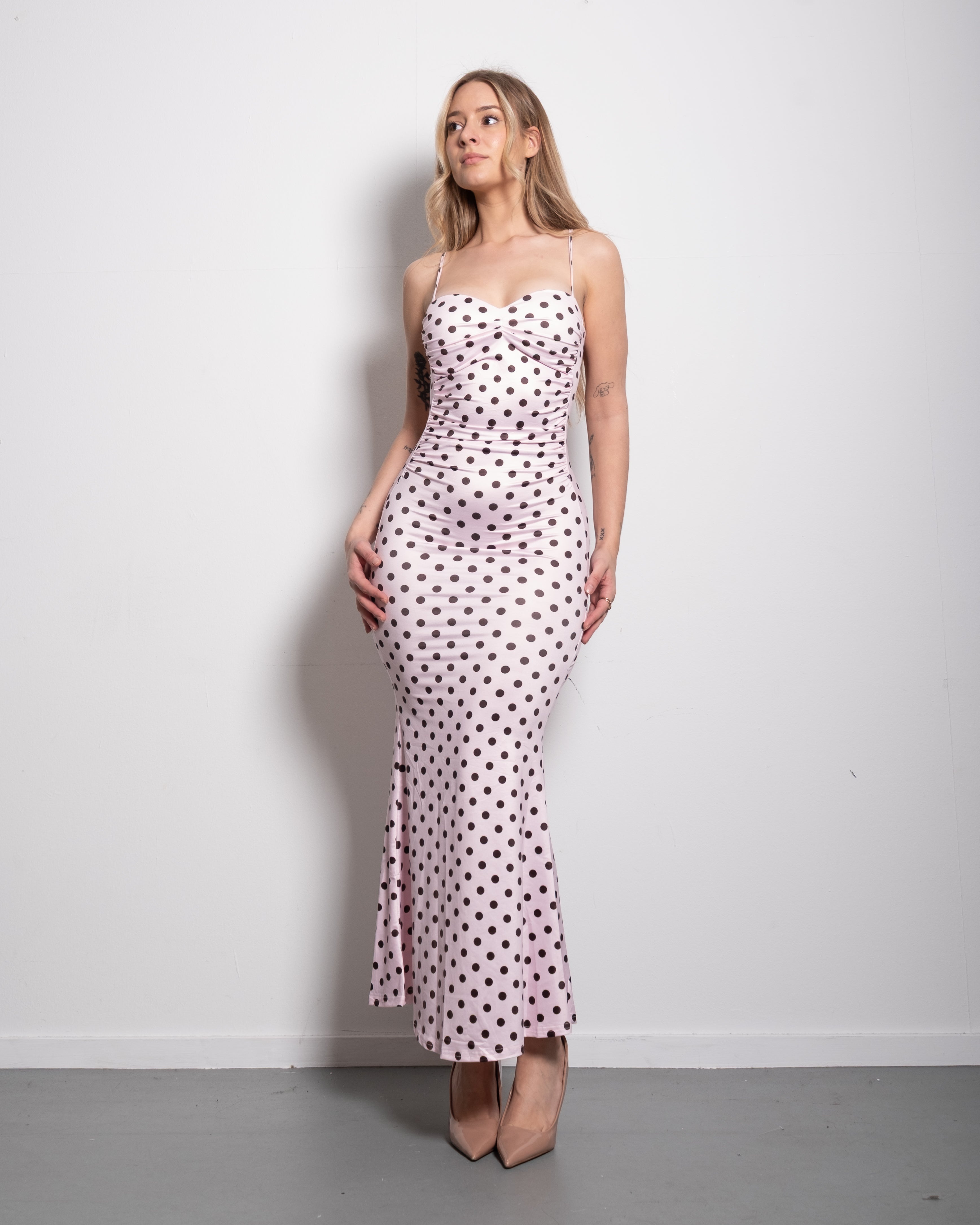 polkadot sculpt maxi dress pink