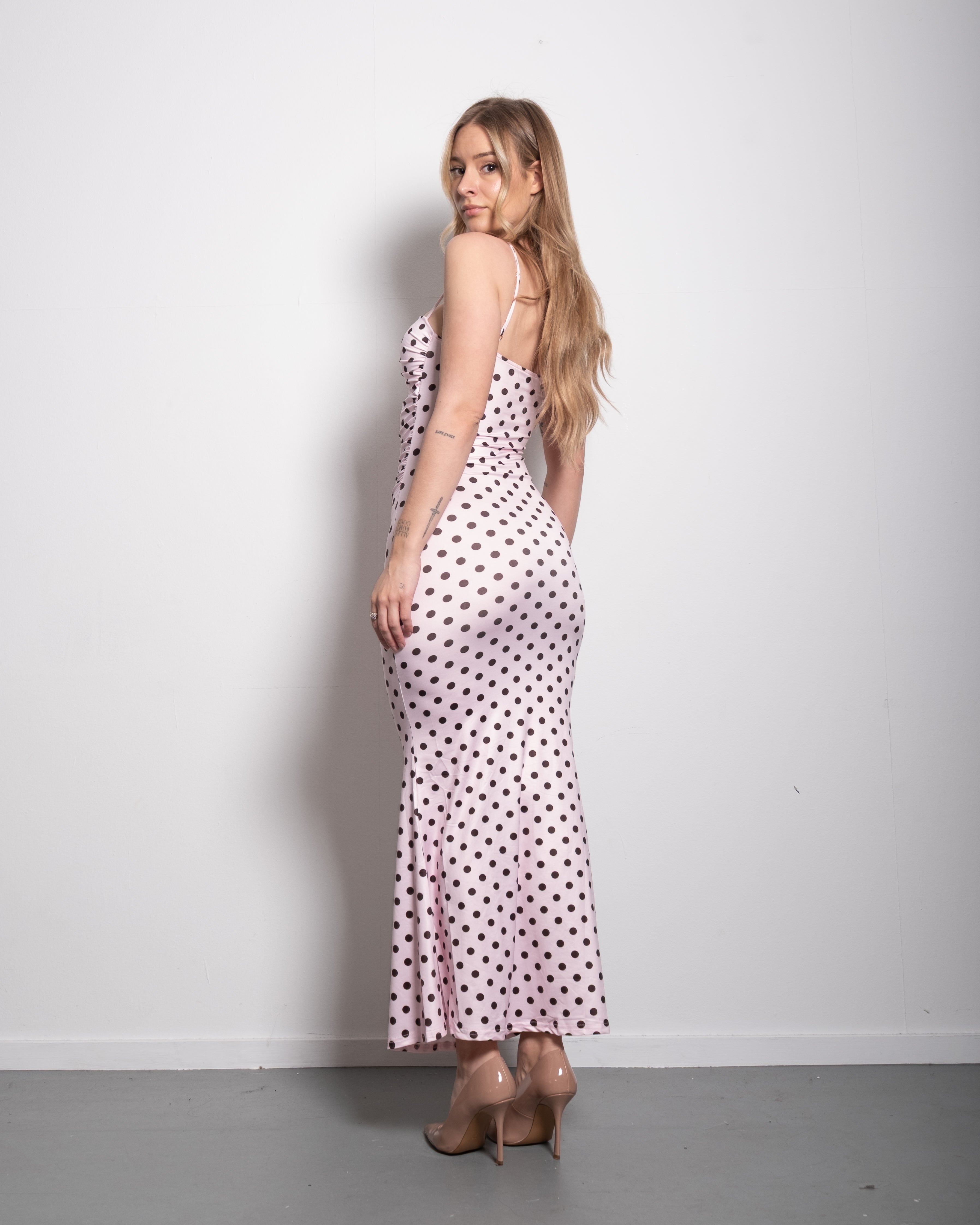 polkadot sculpt maxi dress pink