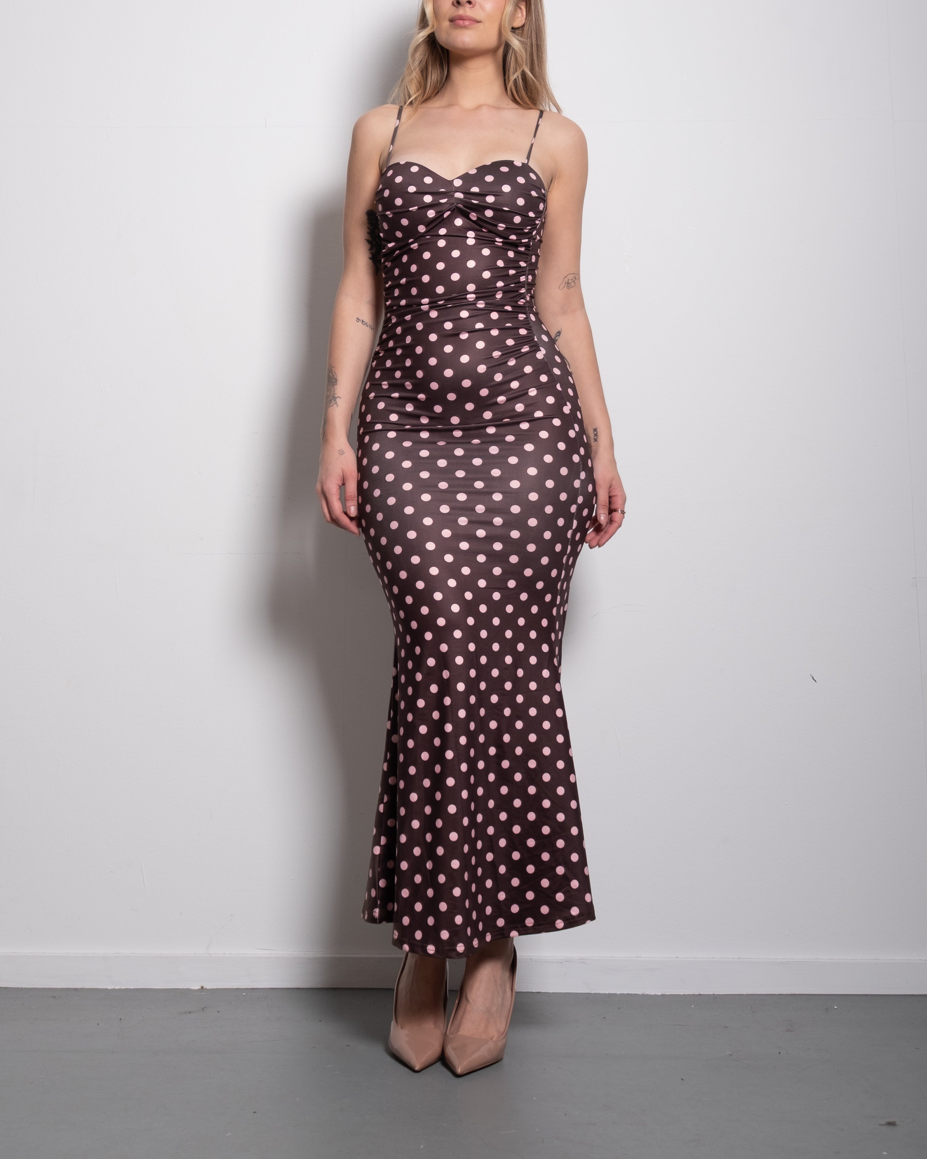 polkadot sculpt maxi dress brown