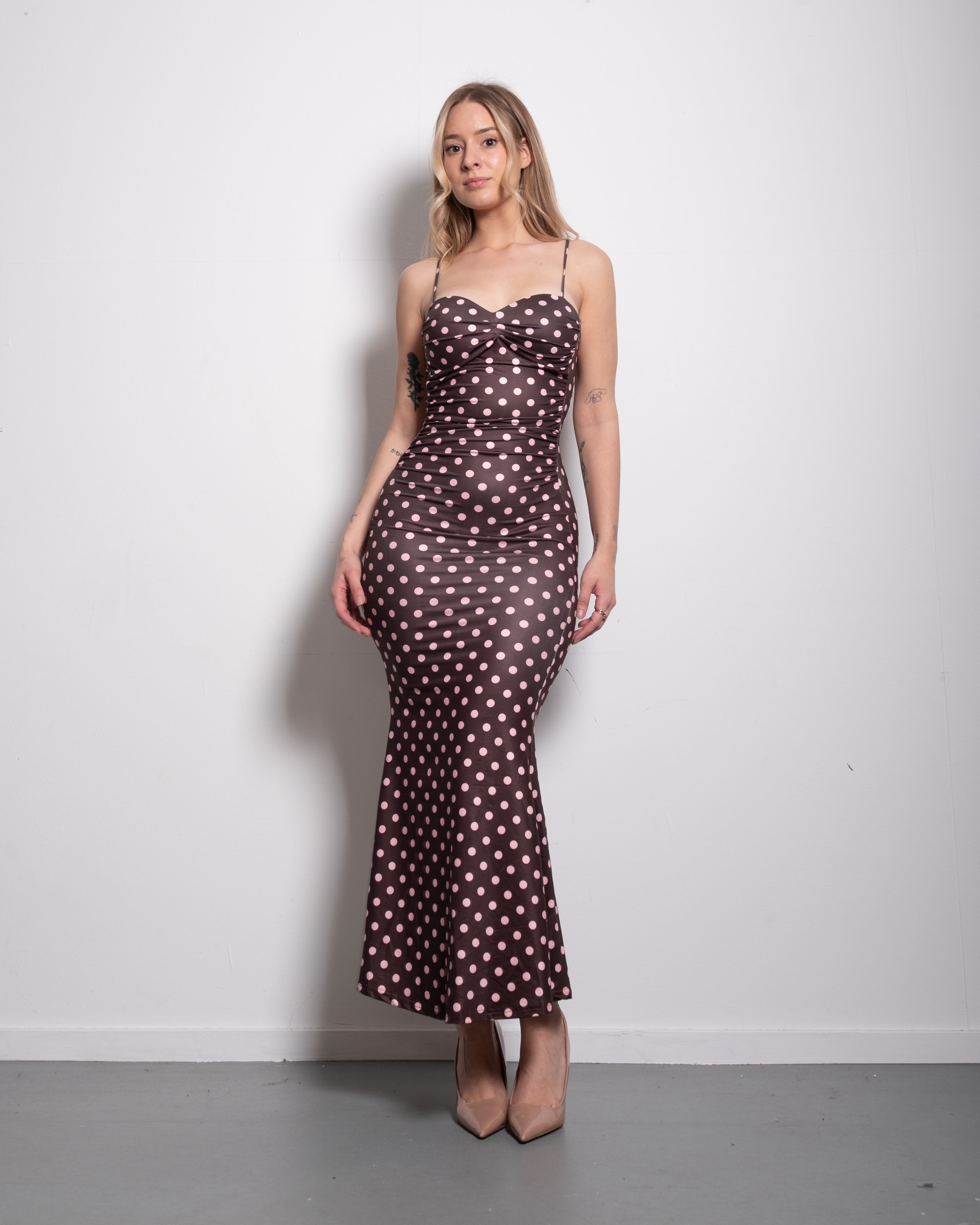 polkadot sculpt maxi dress brown