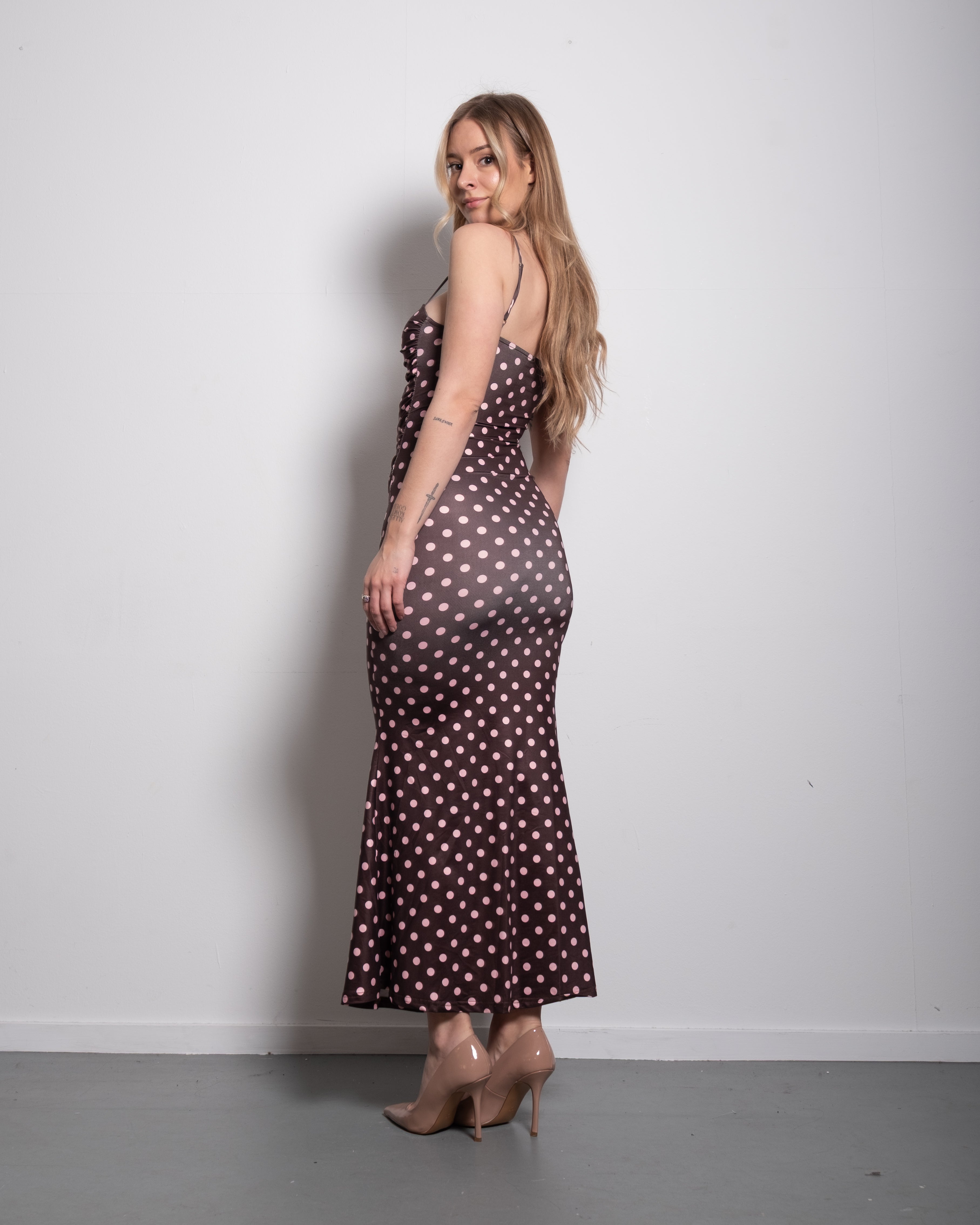 polkadot sculpt maxi dress brown