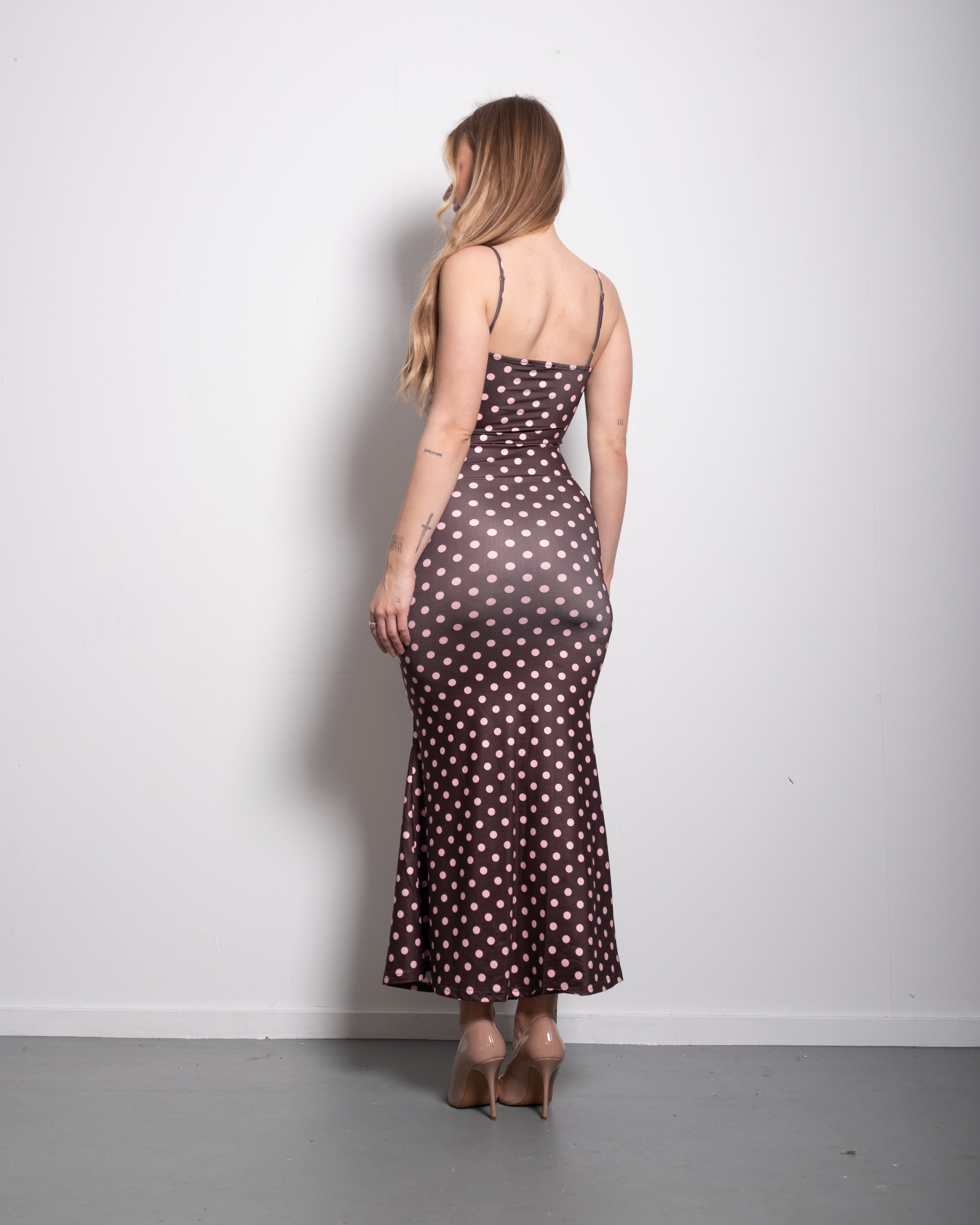polkadot sculpt maxi dress brown