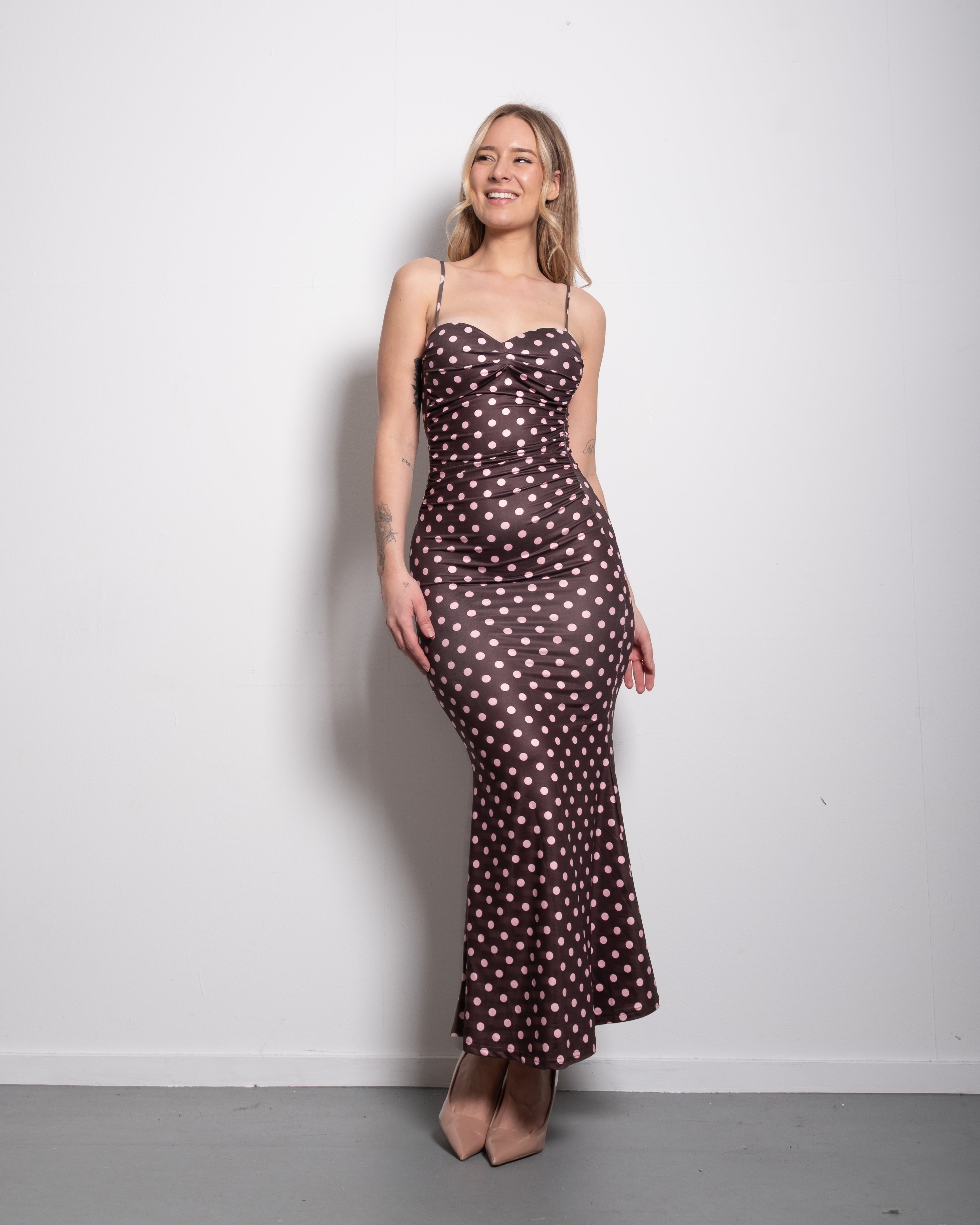 polkadot sculpt maxi dress brown