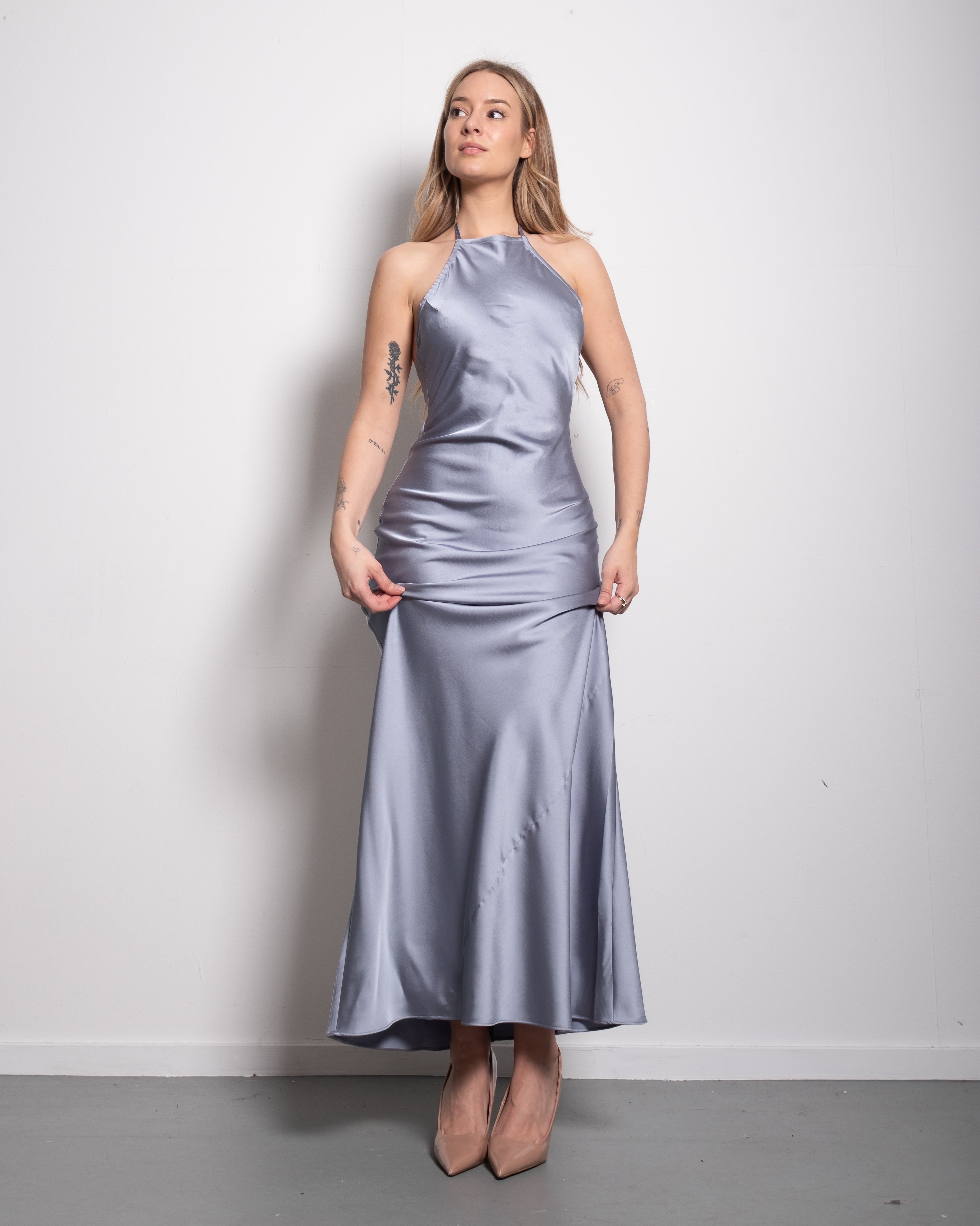 halter top silky dress blue