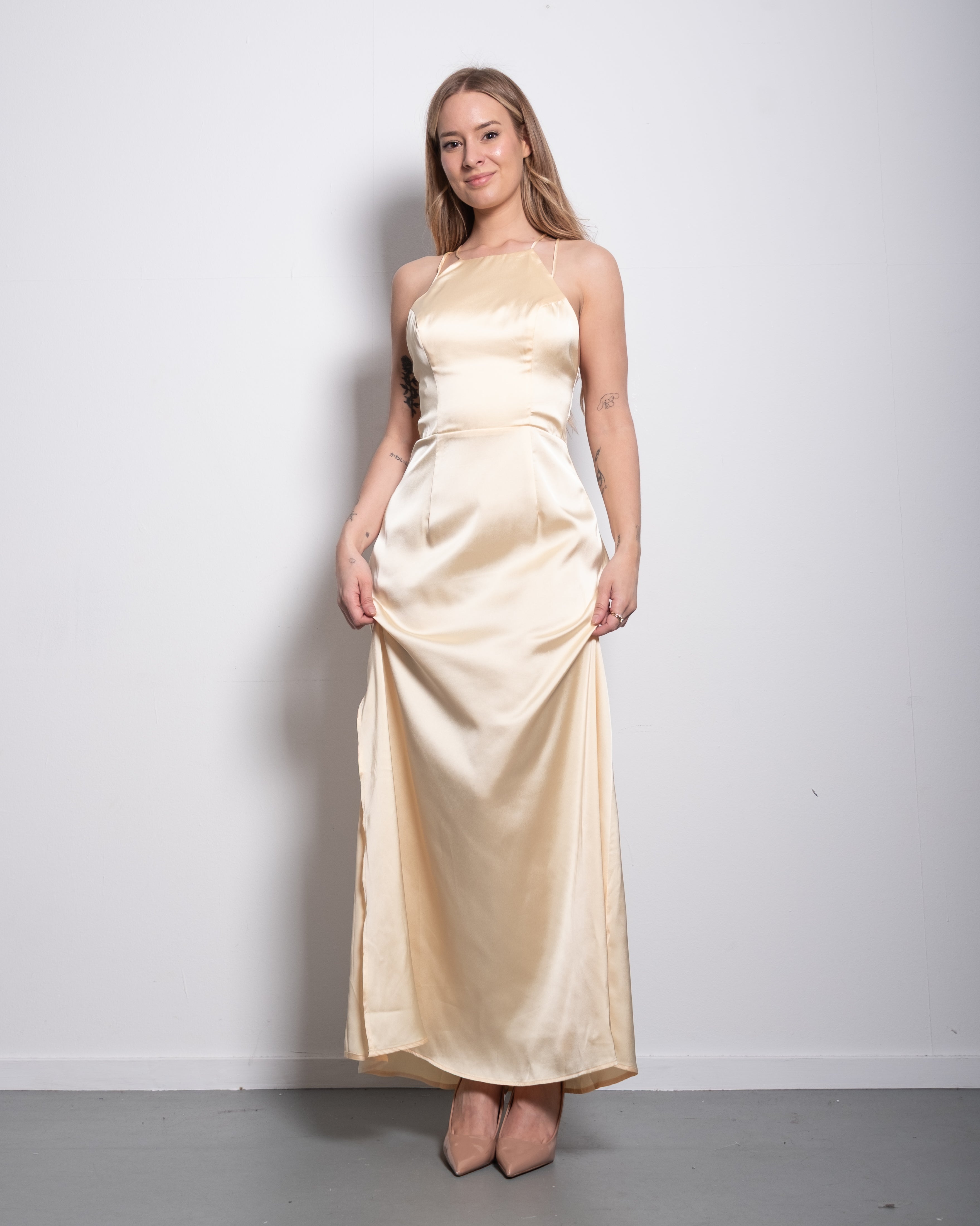 Silky halter neck dress cross straps butter yellow