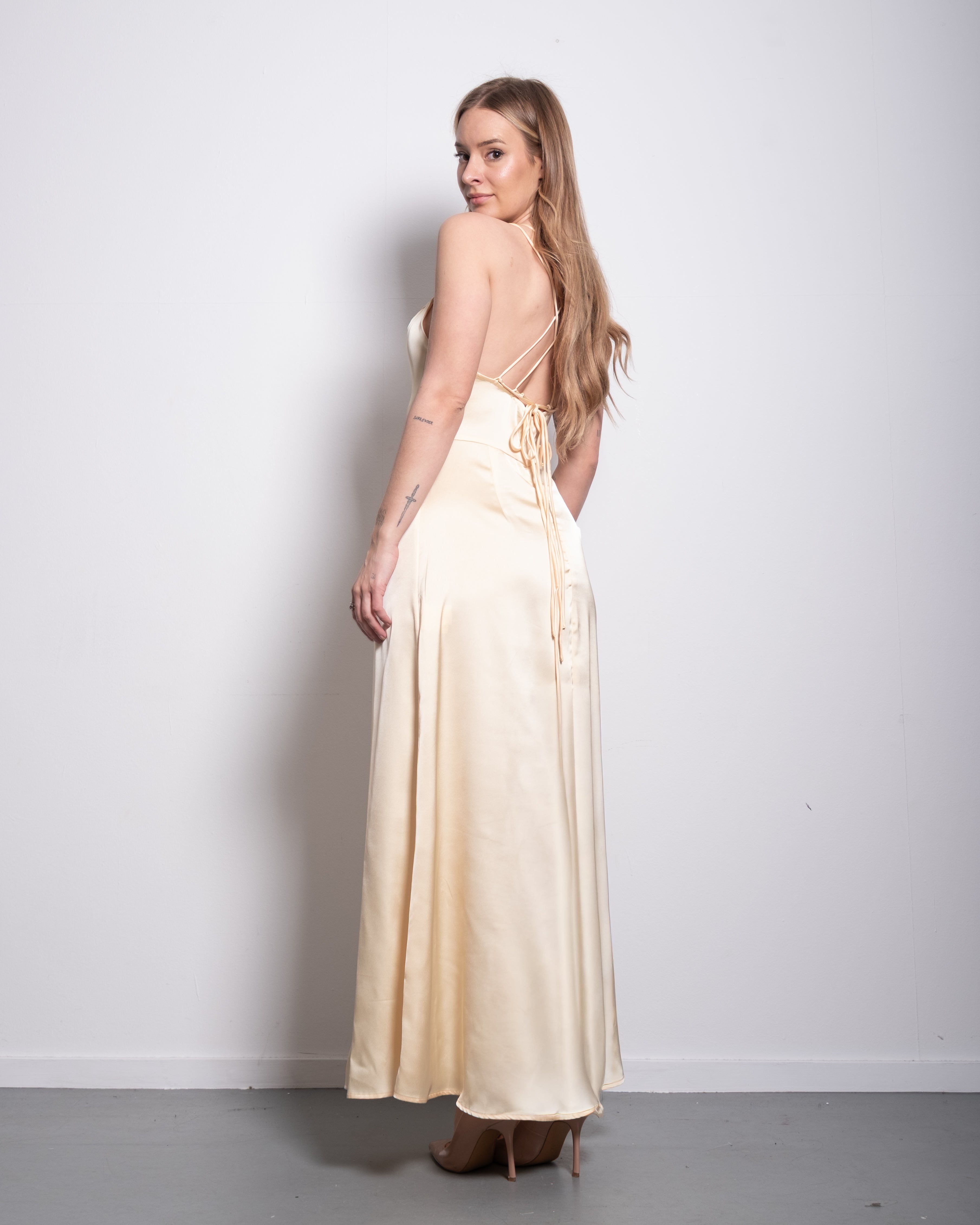 Silky halter neck dress cross straps butter yellow
