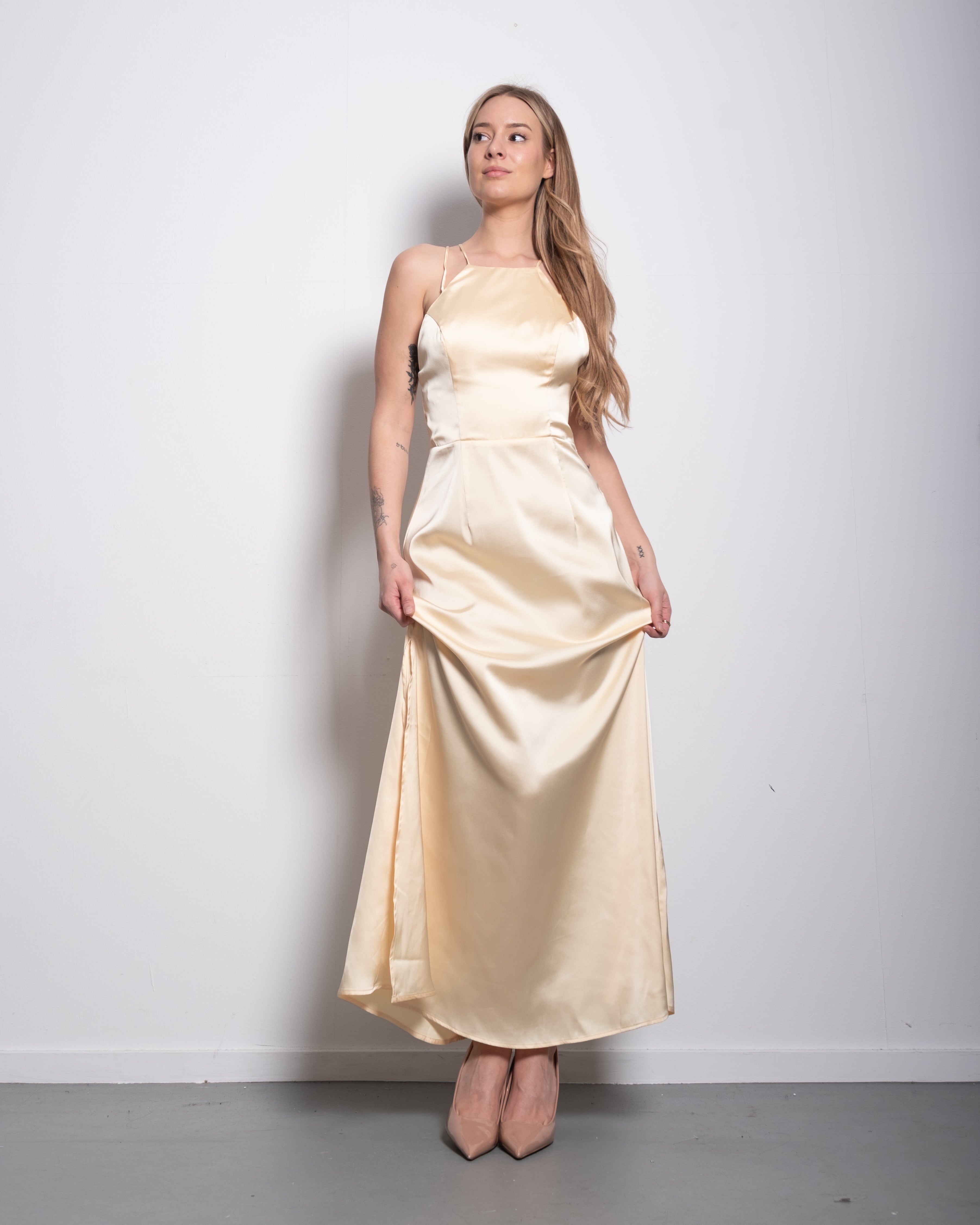 Silky halter neck dress cross straps butter yellow