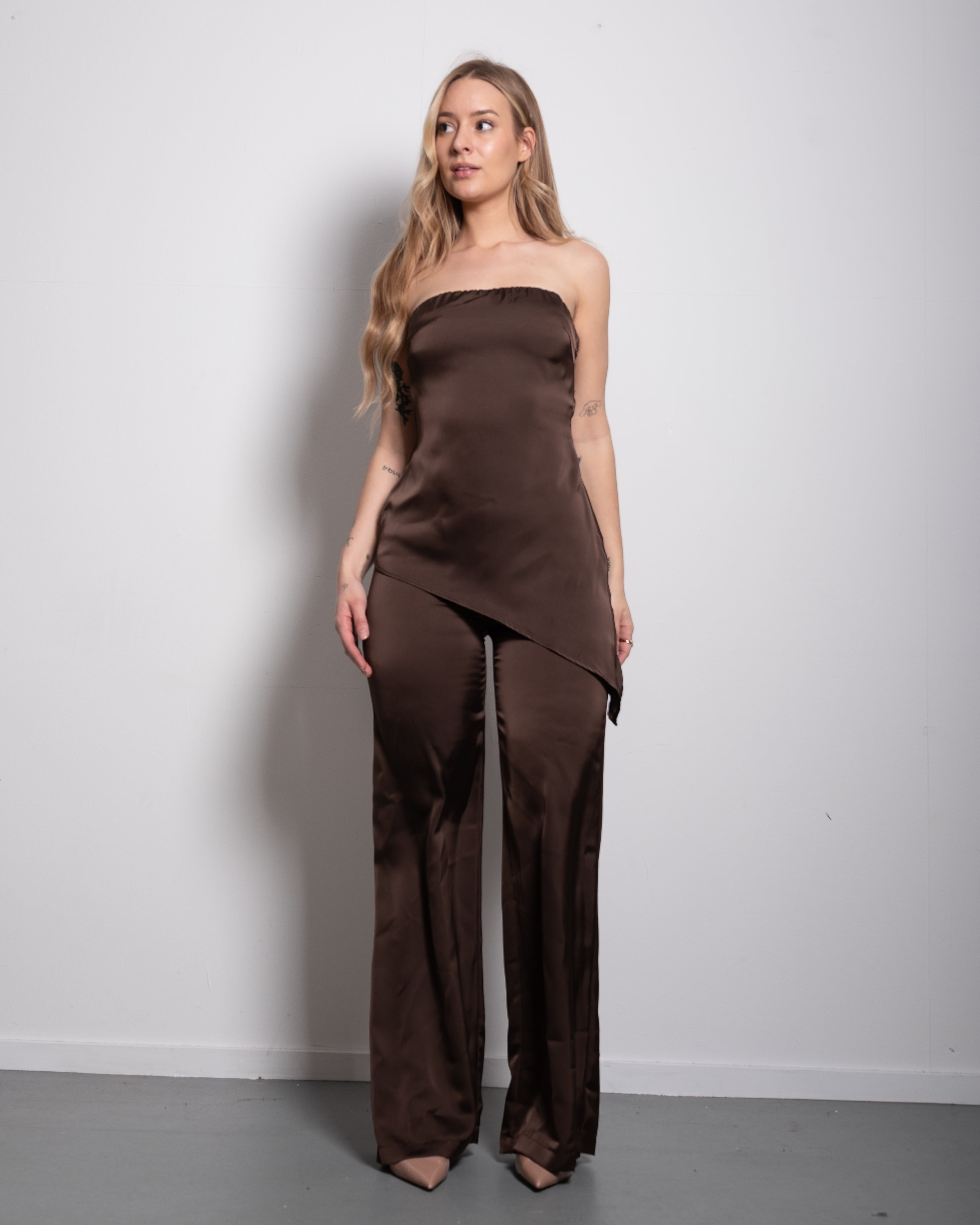 Satin straight leg pants brown